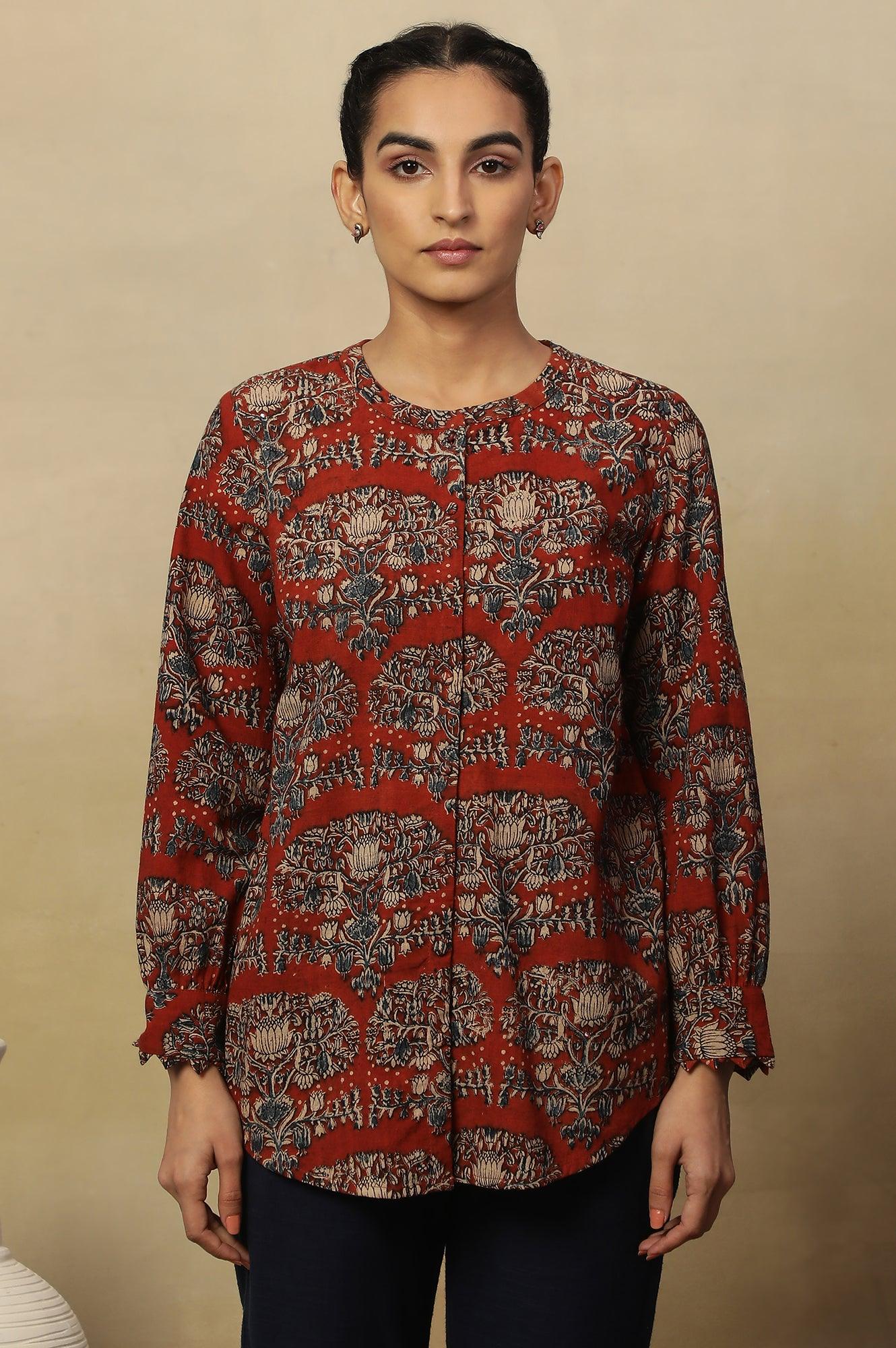 Brick Red Block Print Top In Cotton Slub