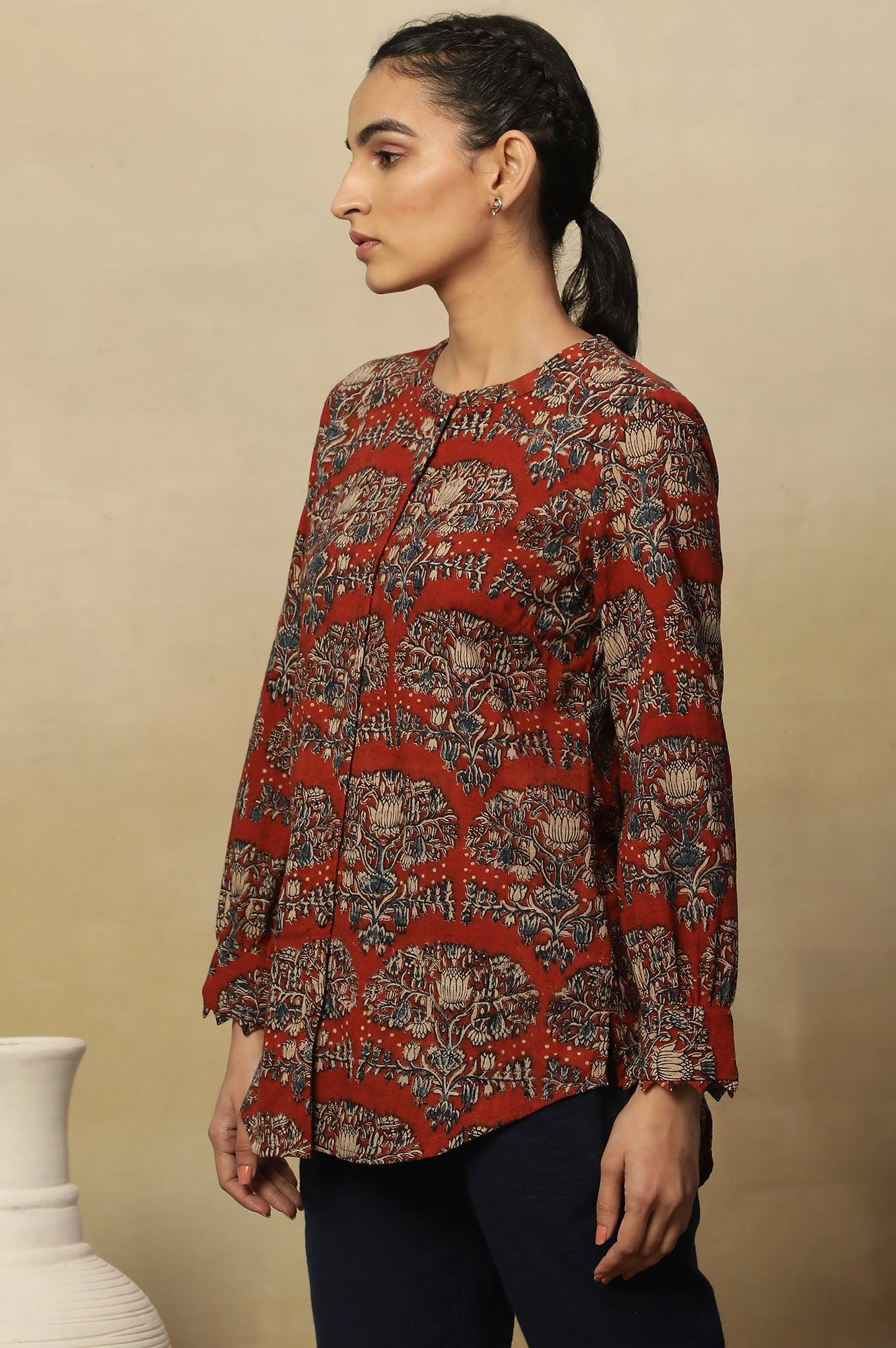 Brick Red Block Print Top In Cotton Slub - Image 2