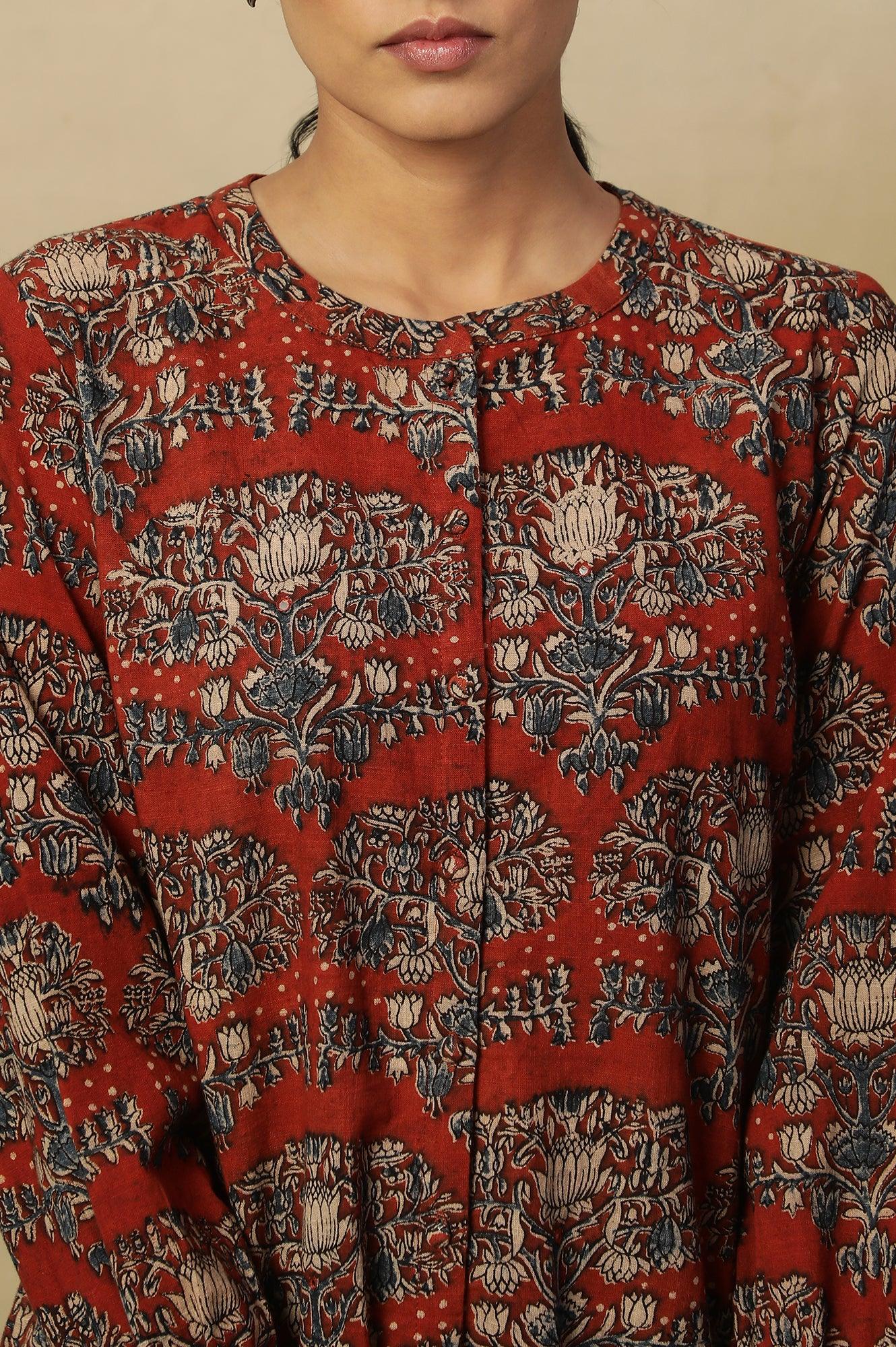 Brick Red Block Print Top In Cotton Slub - Image 6