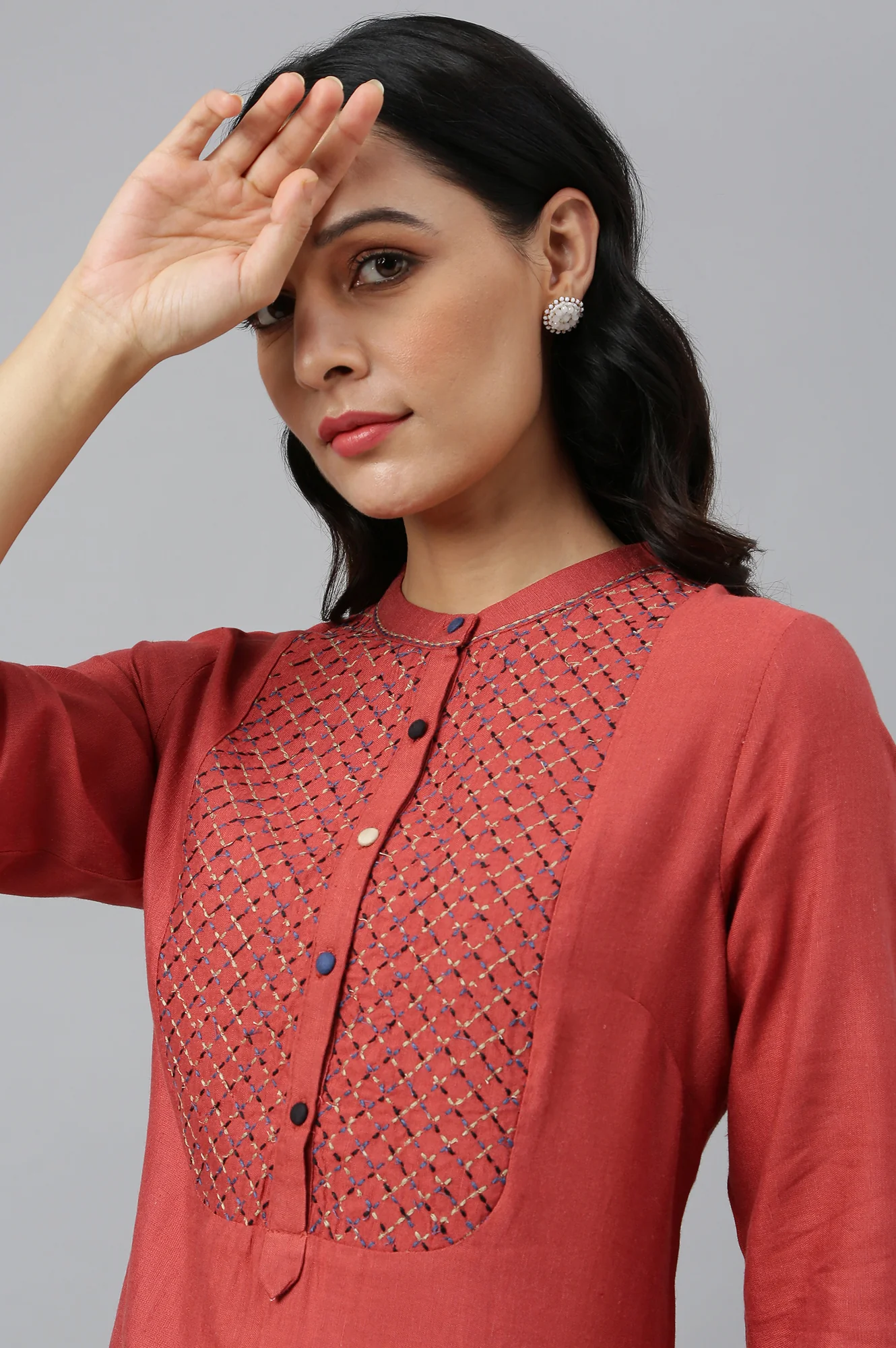 Brick Red Embroidered kurta - Image 9