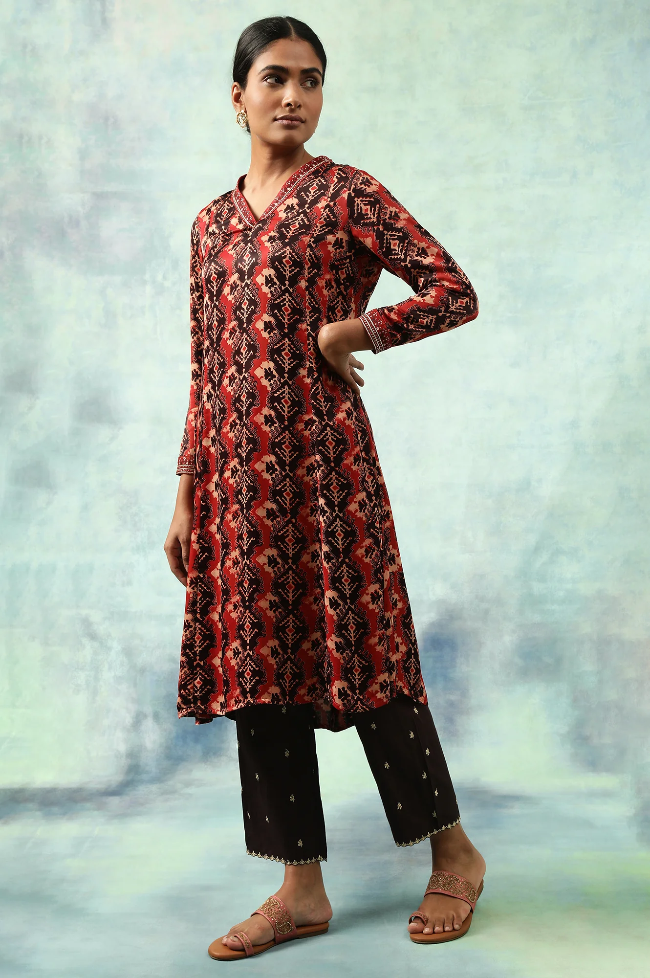 Brick Red Flared Ajrakh Print Satin kurta - Image 3