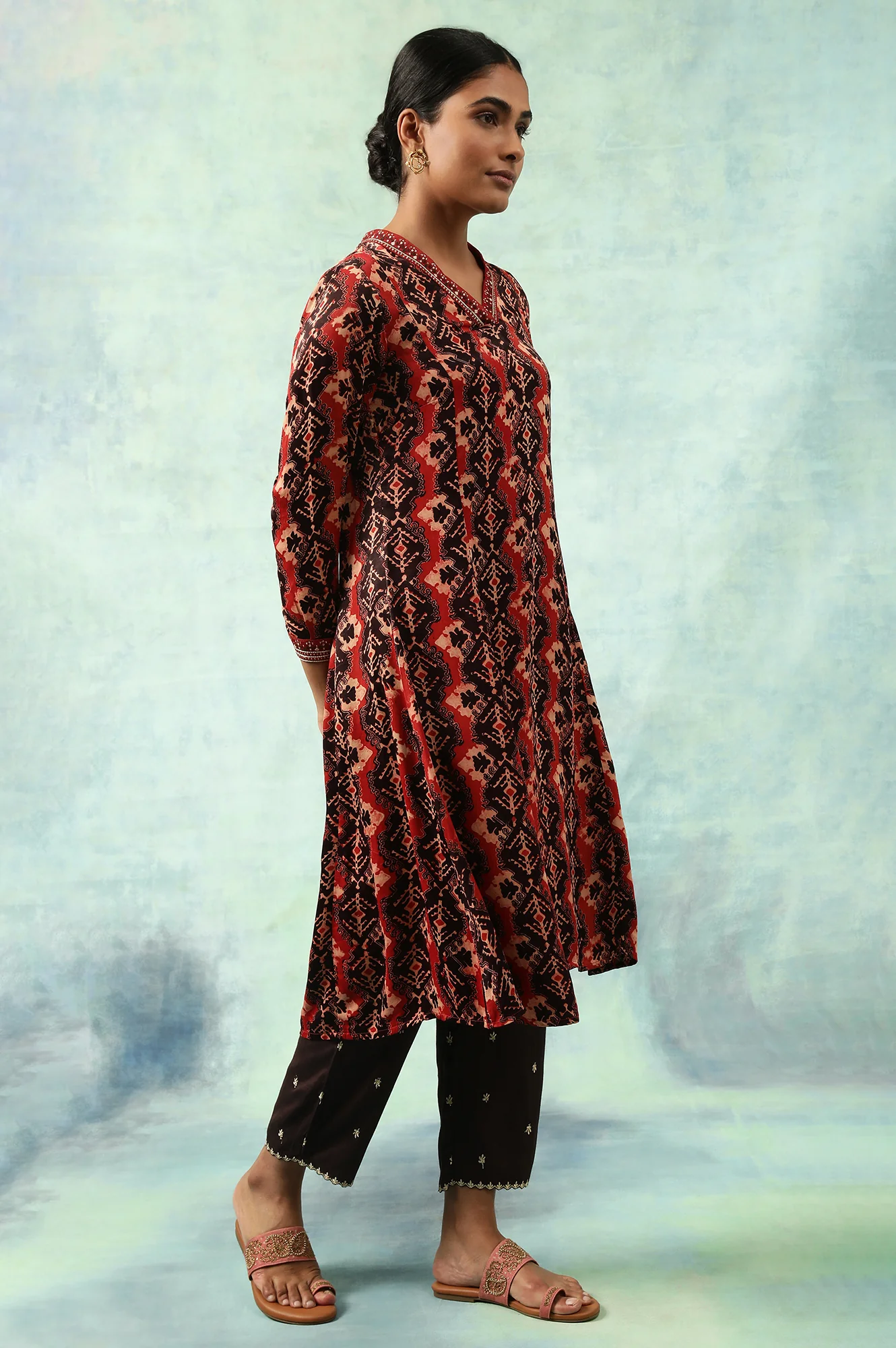 Brick Red Flared Ajrakh Print Satin kurta - Image 4