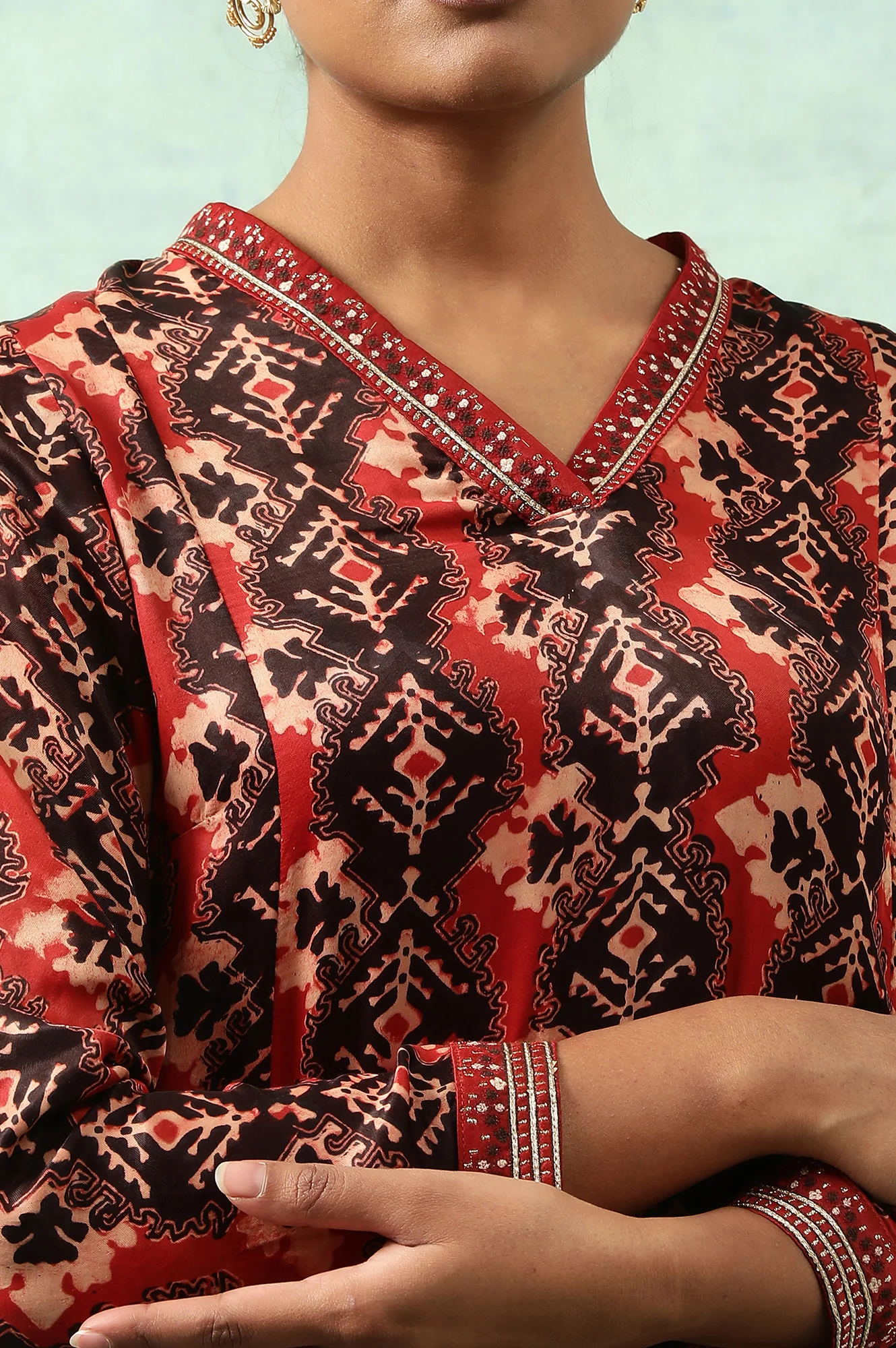 Brick Red Flared Ajrakh Print Satin kurta - Image 7