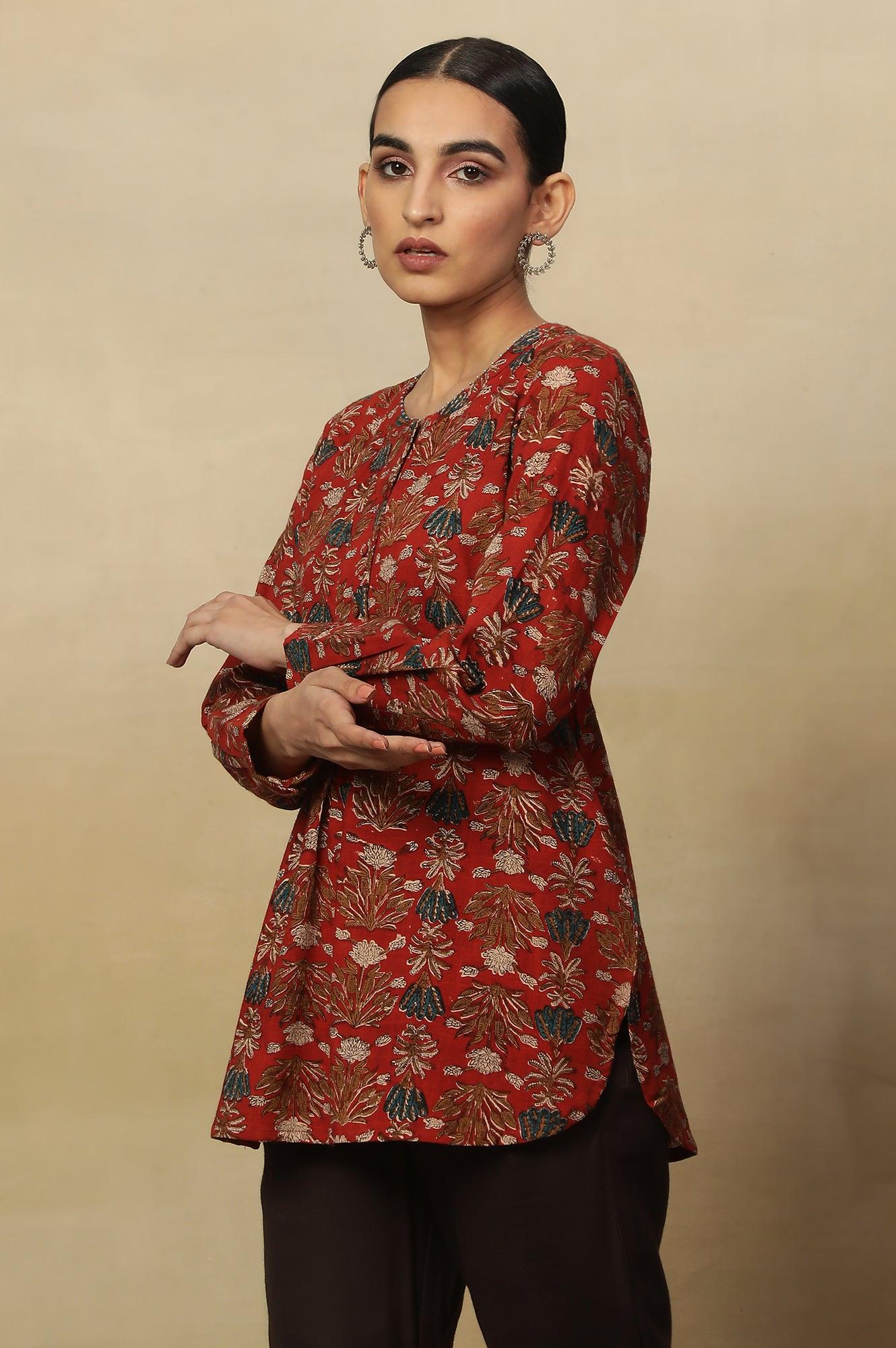 Brick Red Floral Block Print Kurta With Half Placket - Image 2