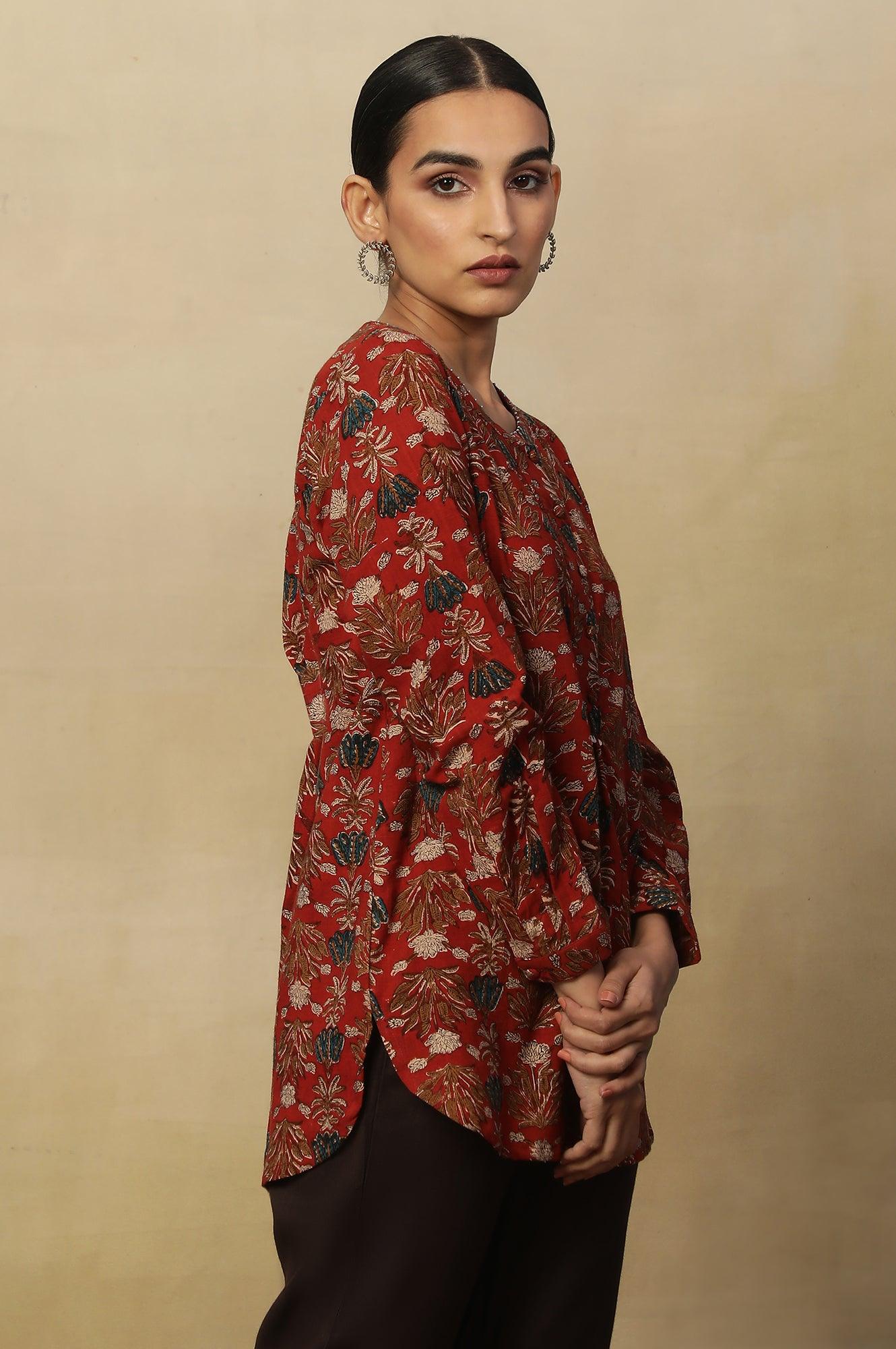 Brick Red Floral Block Print Kurta With Half Placket - Image 4