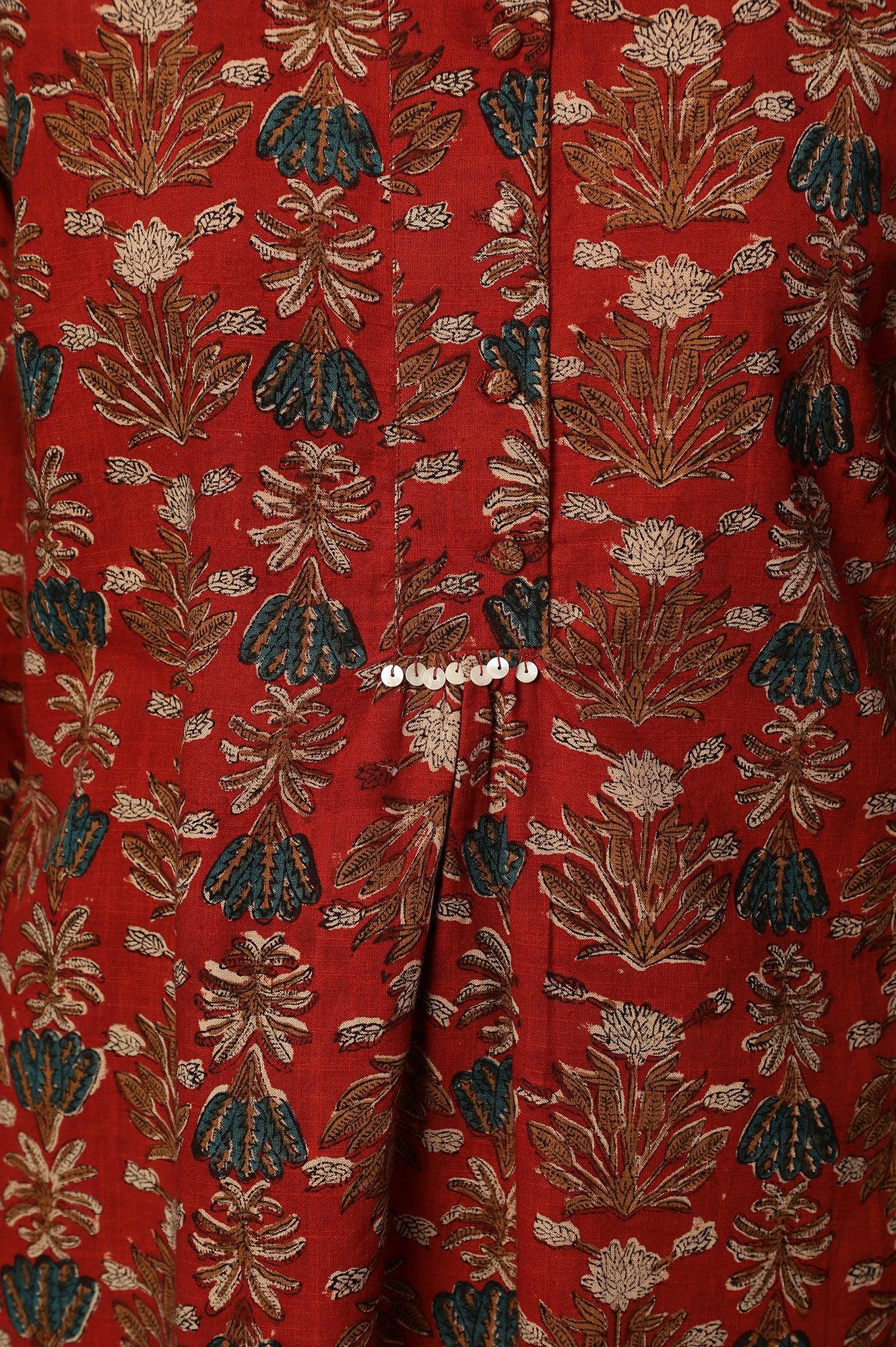Brick Red Floral Block Print Kurta With Half Placket - Image 7