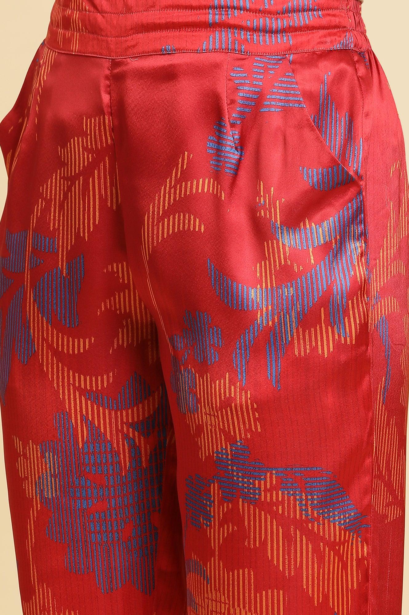 Bright Red Floral Printed Satin Pants - Image 6