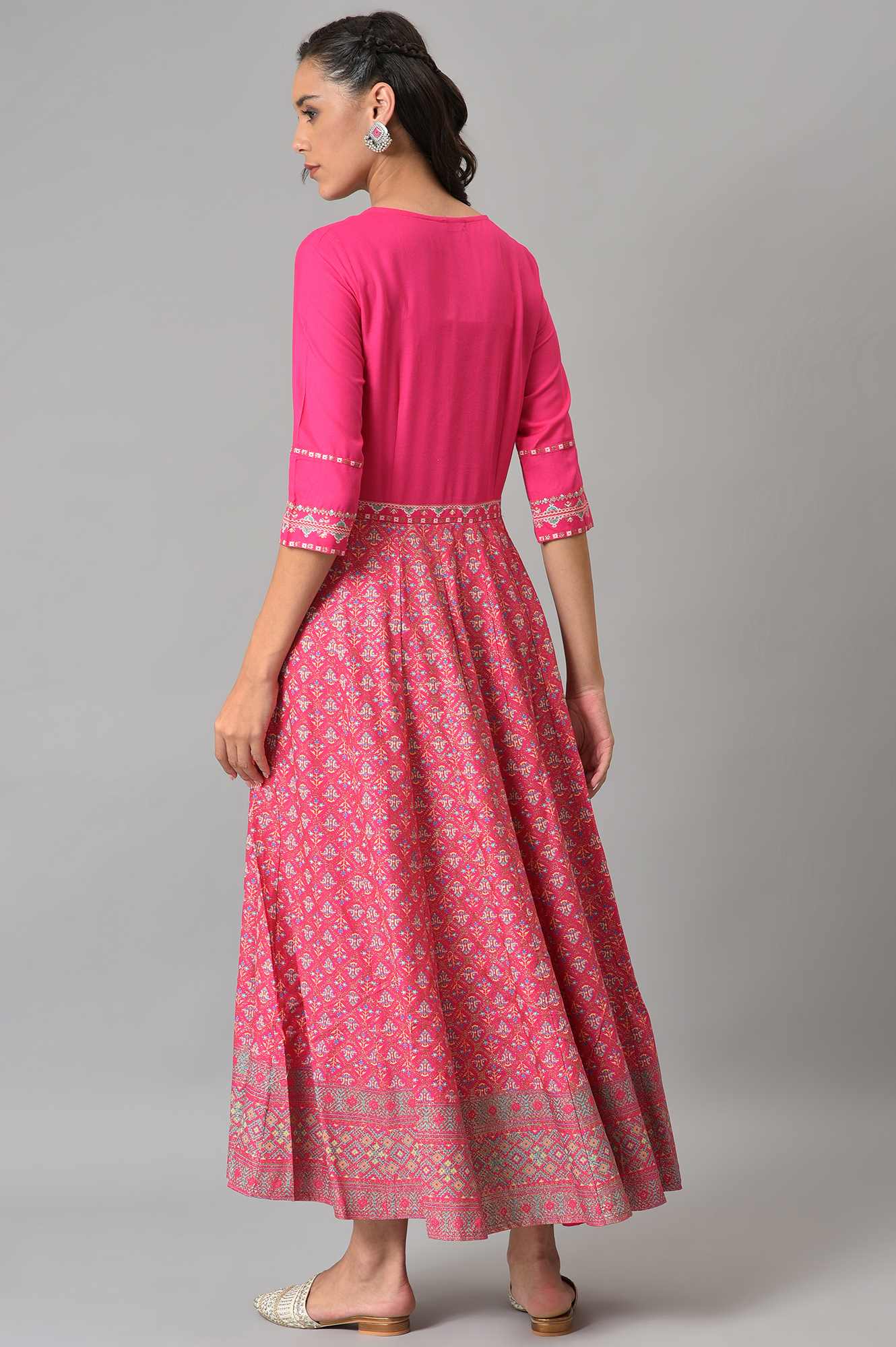 Bright Rose Pink Glitter Printed Dress With Embroidery - Image 2