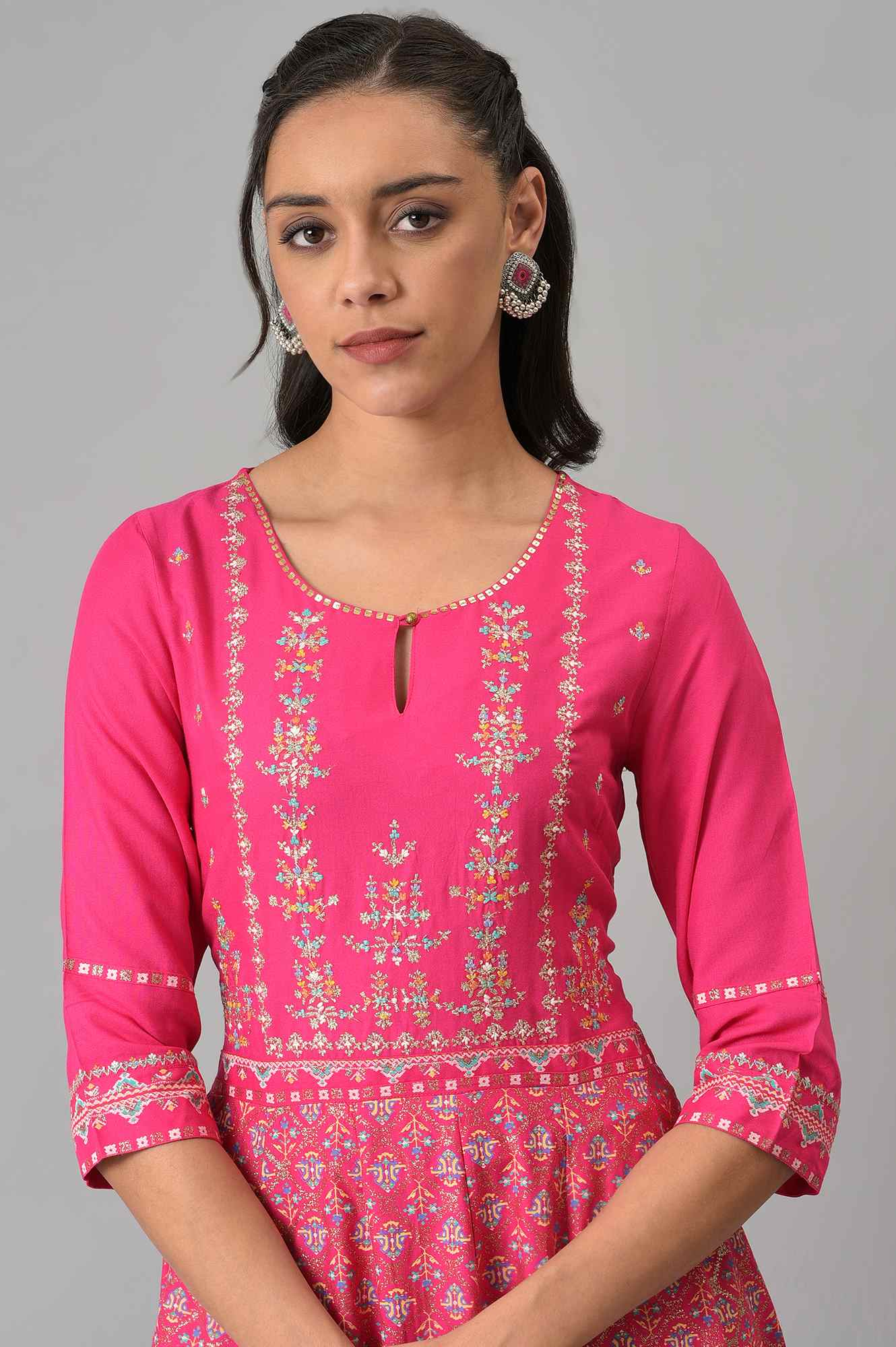 Bright Rose Pink Glitter Printed Dress With Embroidery - Image 6