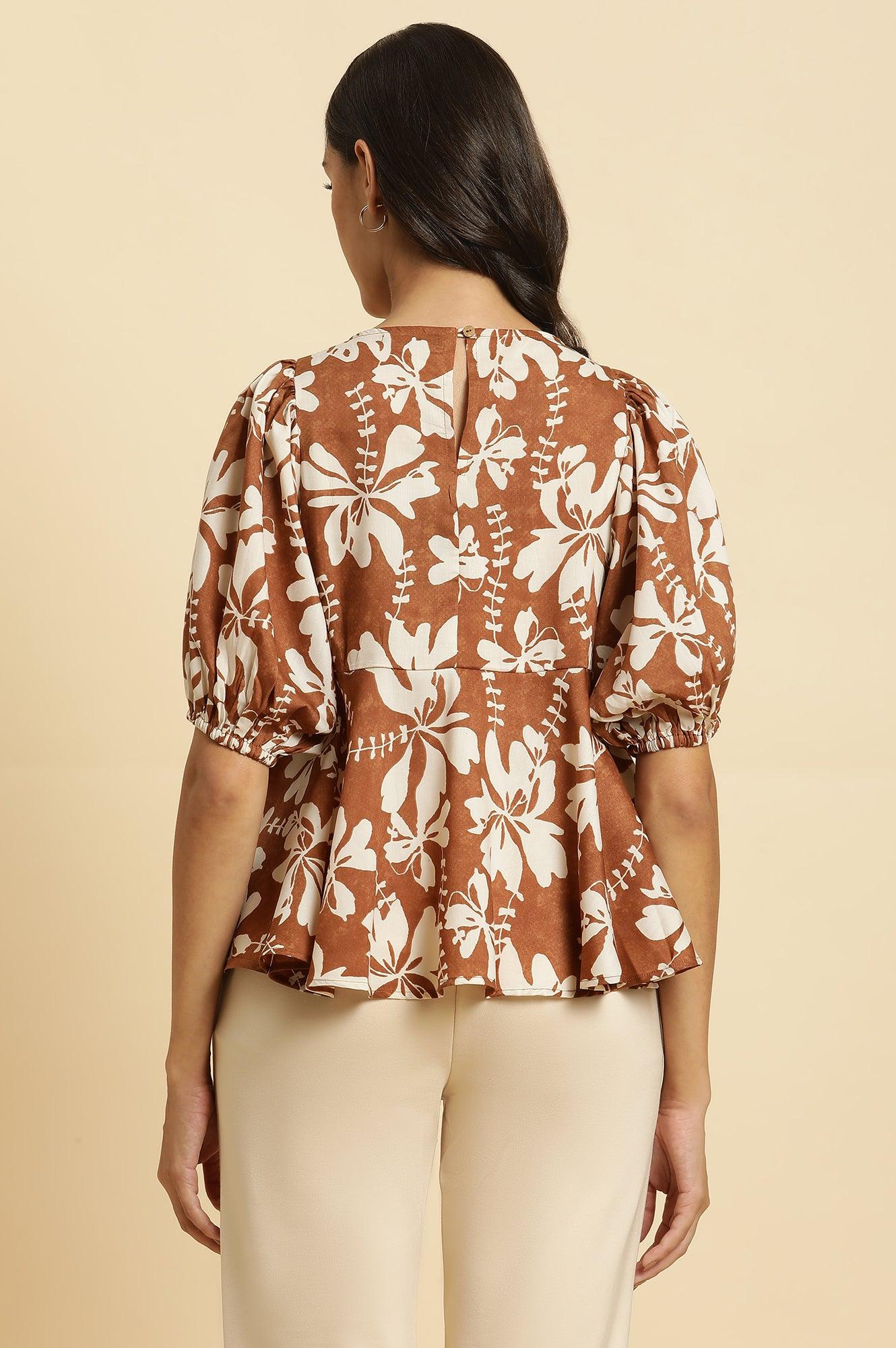Brown Abstract Printed Peplum Top - Image 3