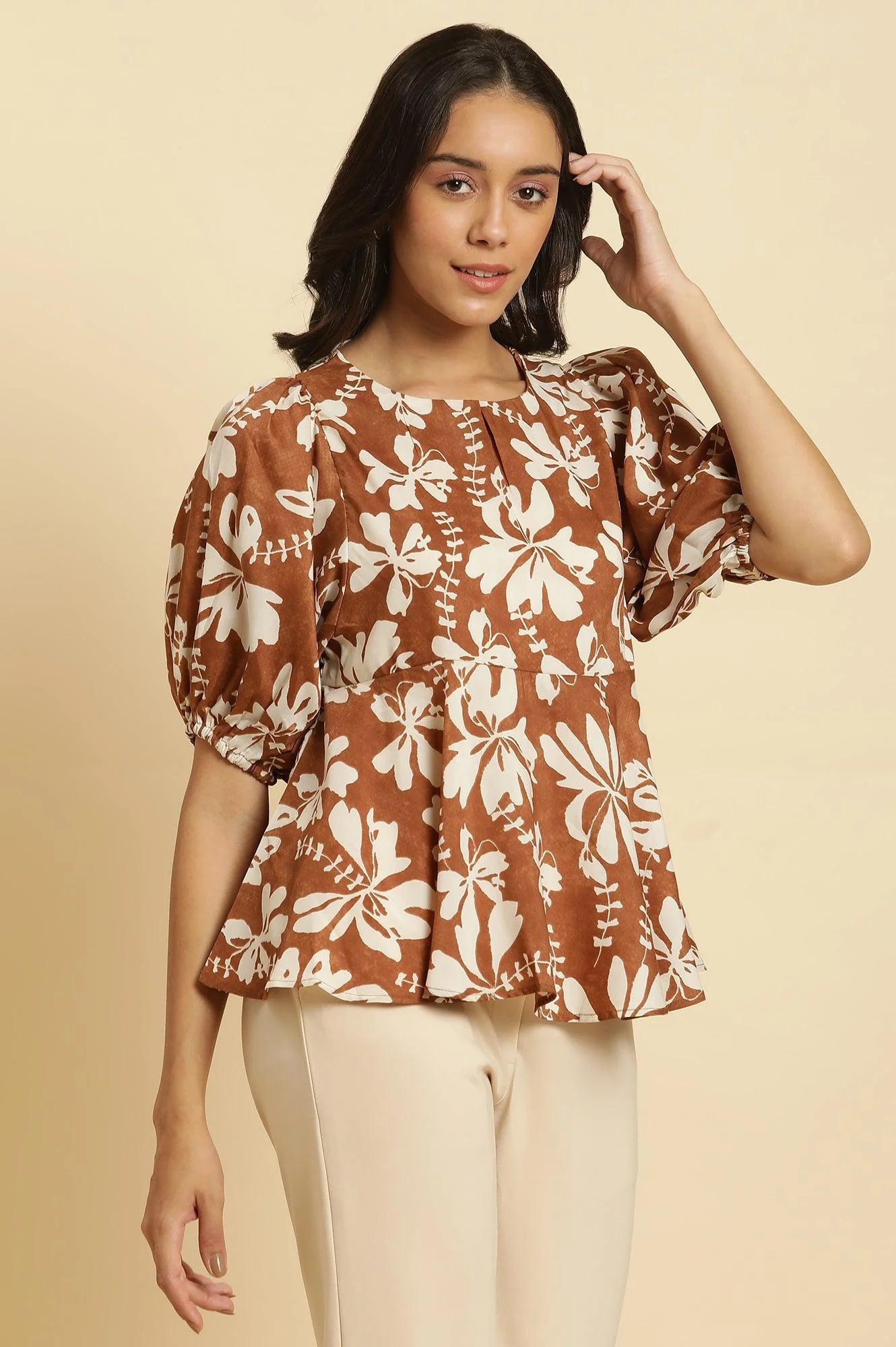 Brown Abstract Printed Peplum Top - Image 4