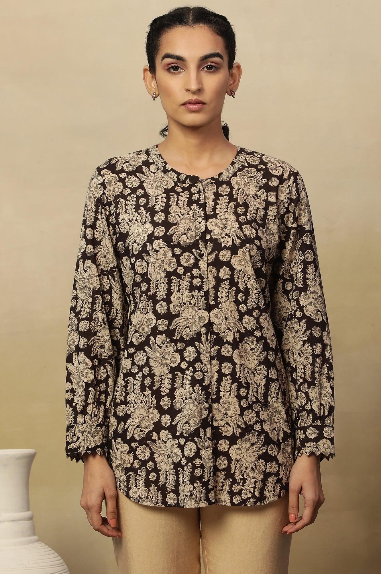 Brown Block Print Top In Cotton Voile