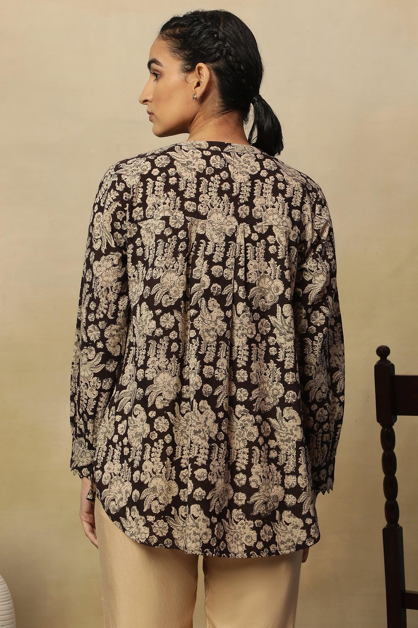 Brown Block Print Top In Cotton Voile - Image 3