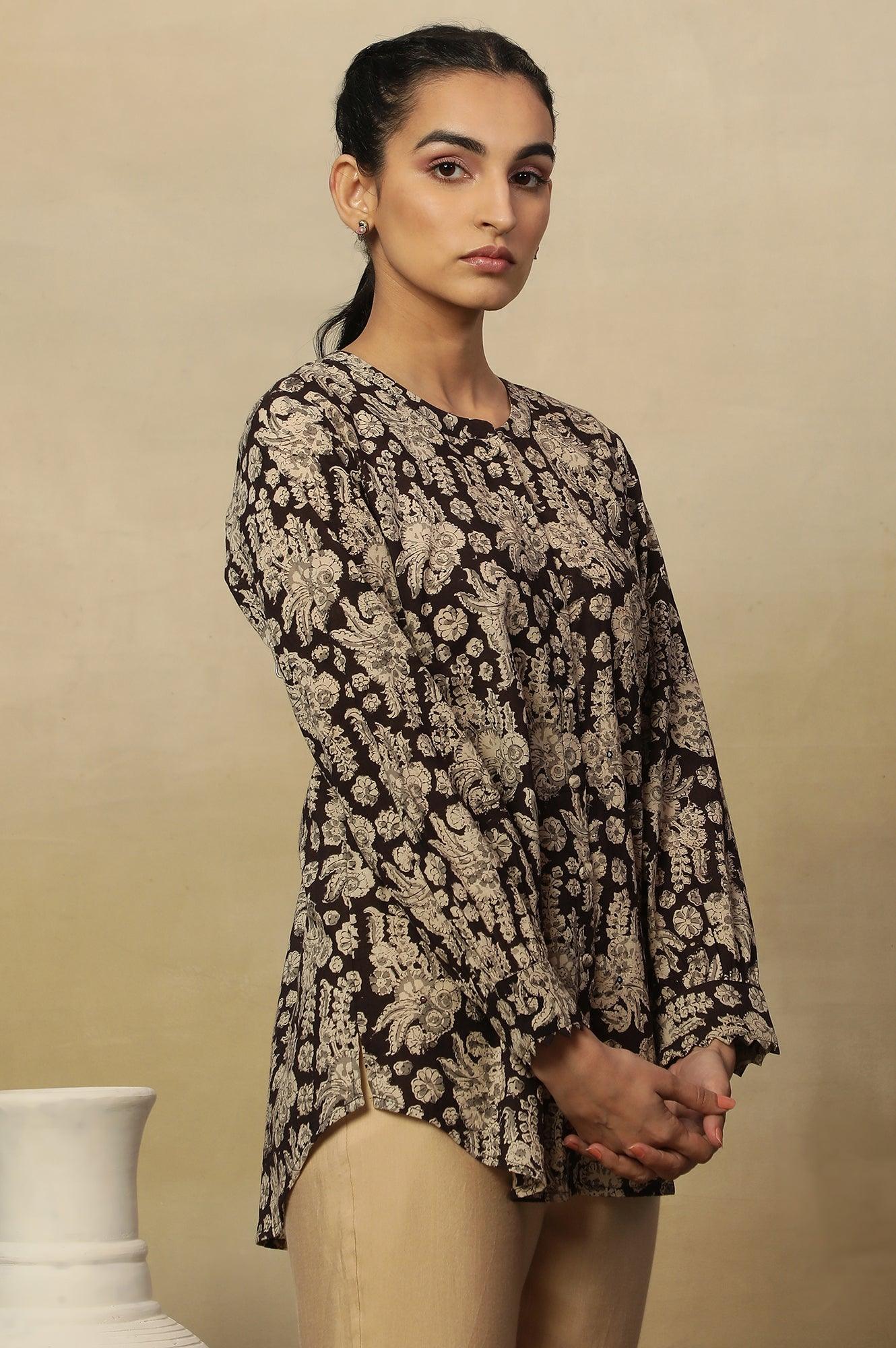 Brown Block Print Top In Cotton Voile - Image 4