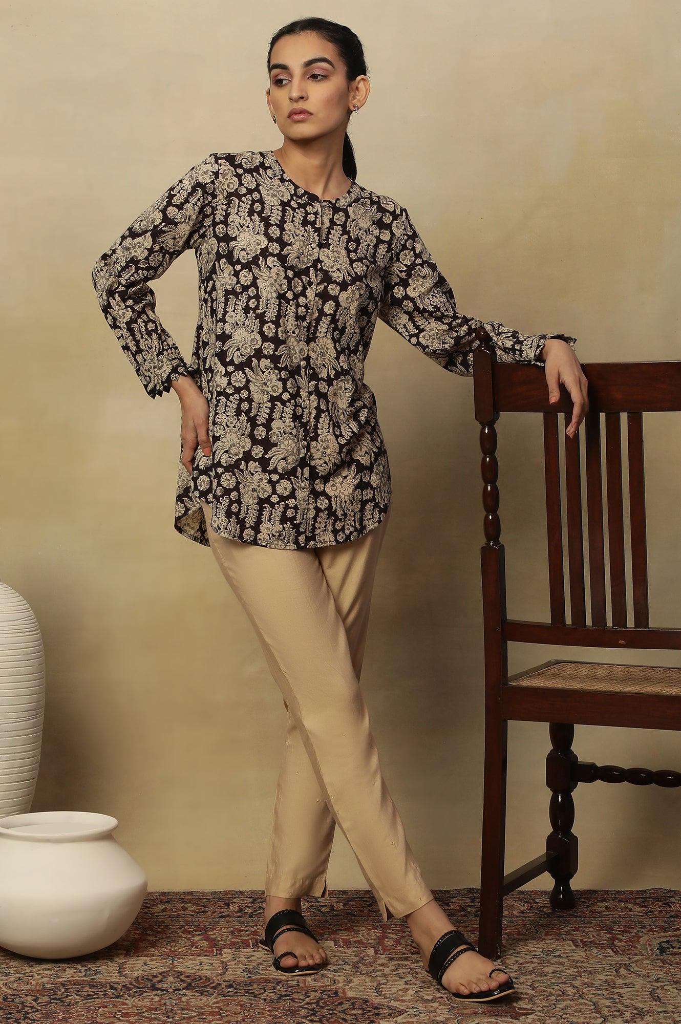 Brown Block Print Top In Cotton Voile - Image 5