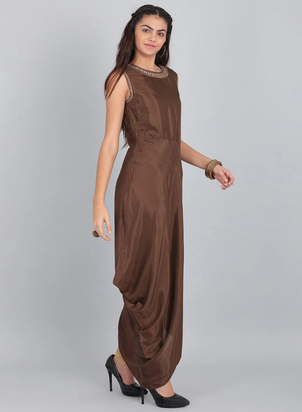 Brown Embellished Round Neck kurta - Image 4