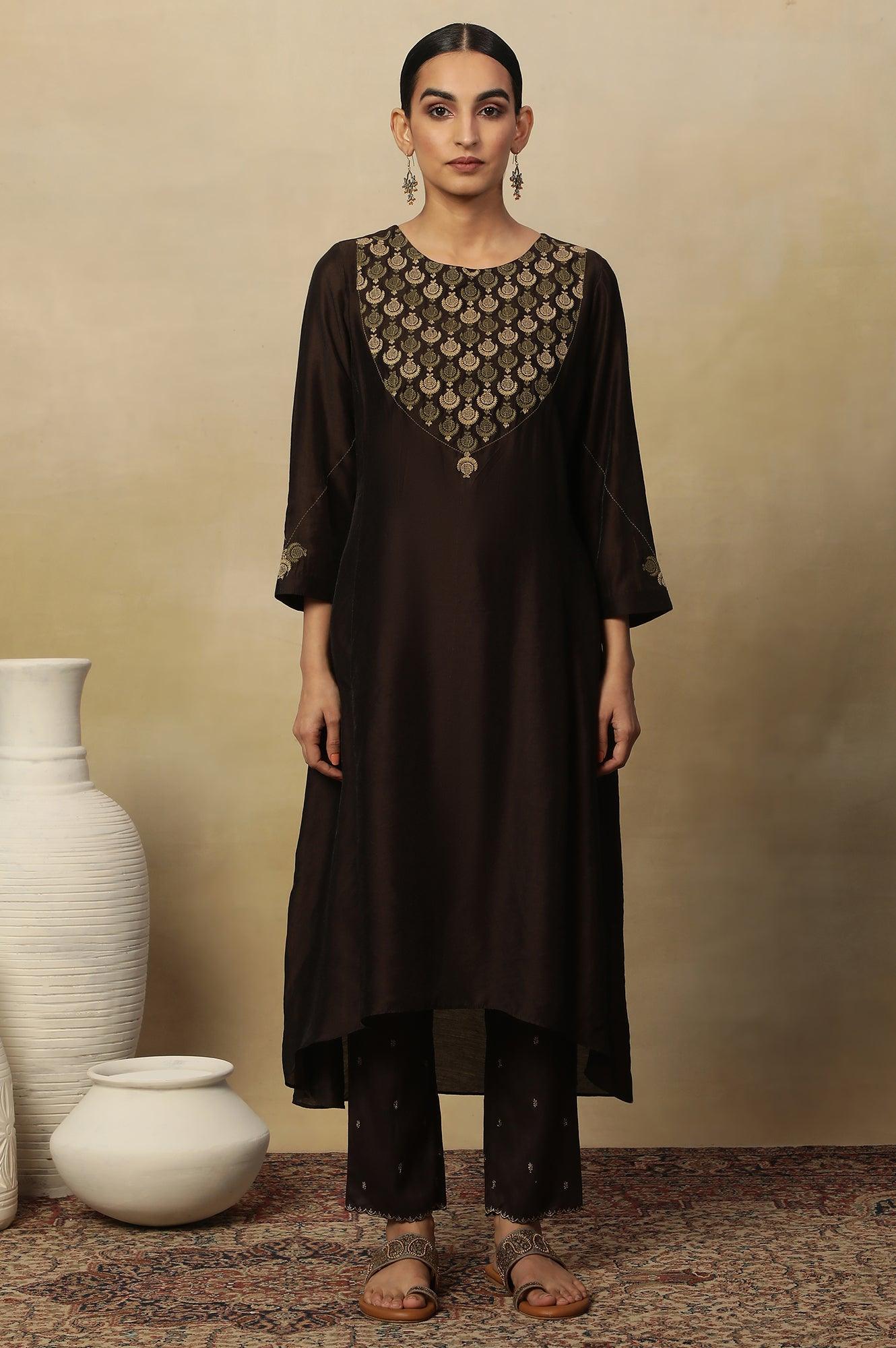 Brown Embroidered Kurta In Chanderi - Image 2