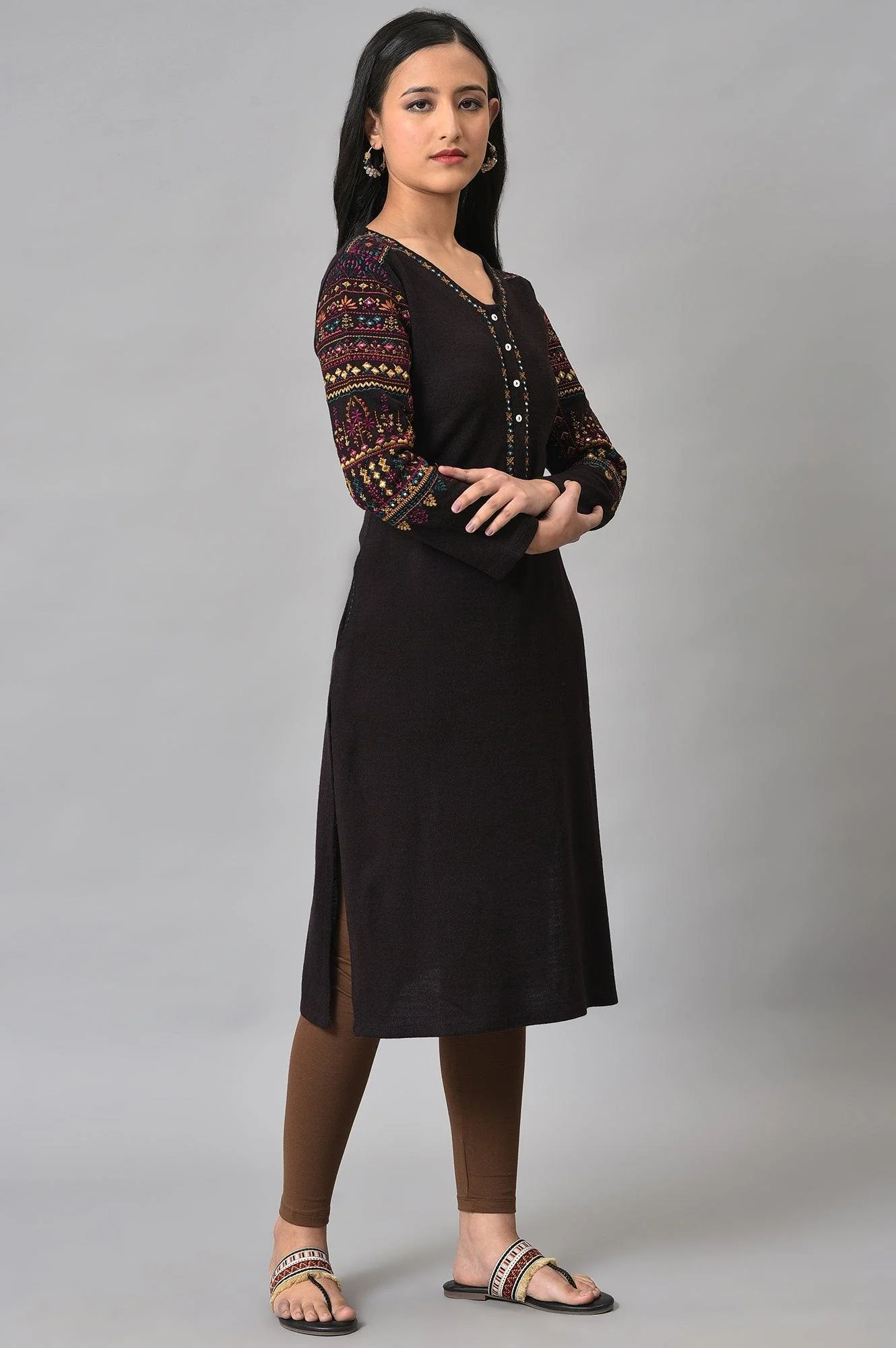 Brown Embroidered Plus Size Winter Kurta - Image 4