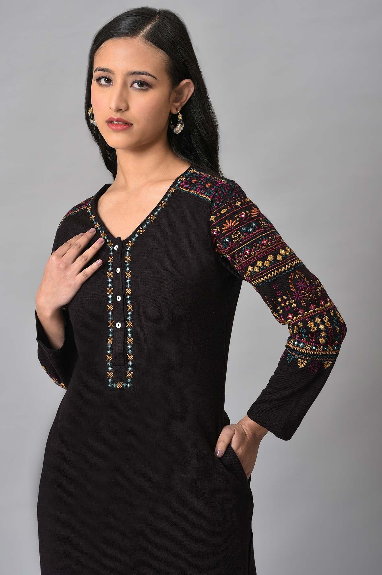 Brown Embroidered Plus Size Winter Kurta - Image 5