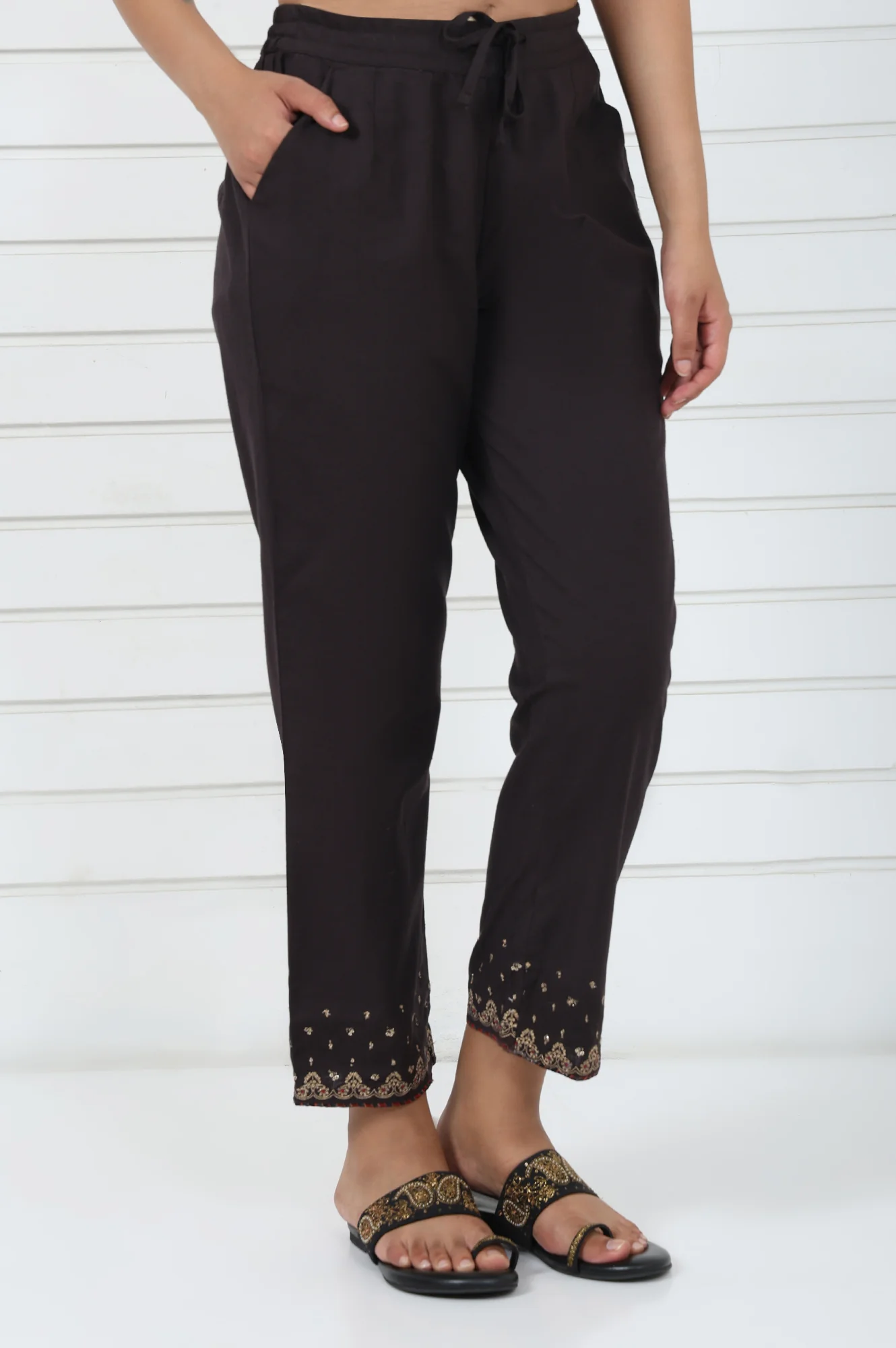 Brown Embroidered Printed Metallic Embroidered Cotton Blend Mid Rise Ankle Length Straight Pant - Image 3