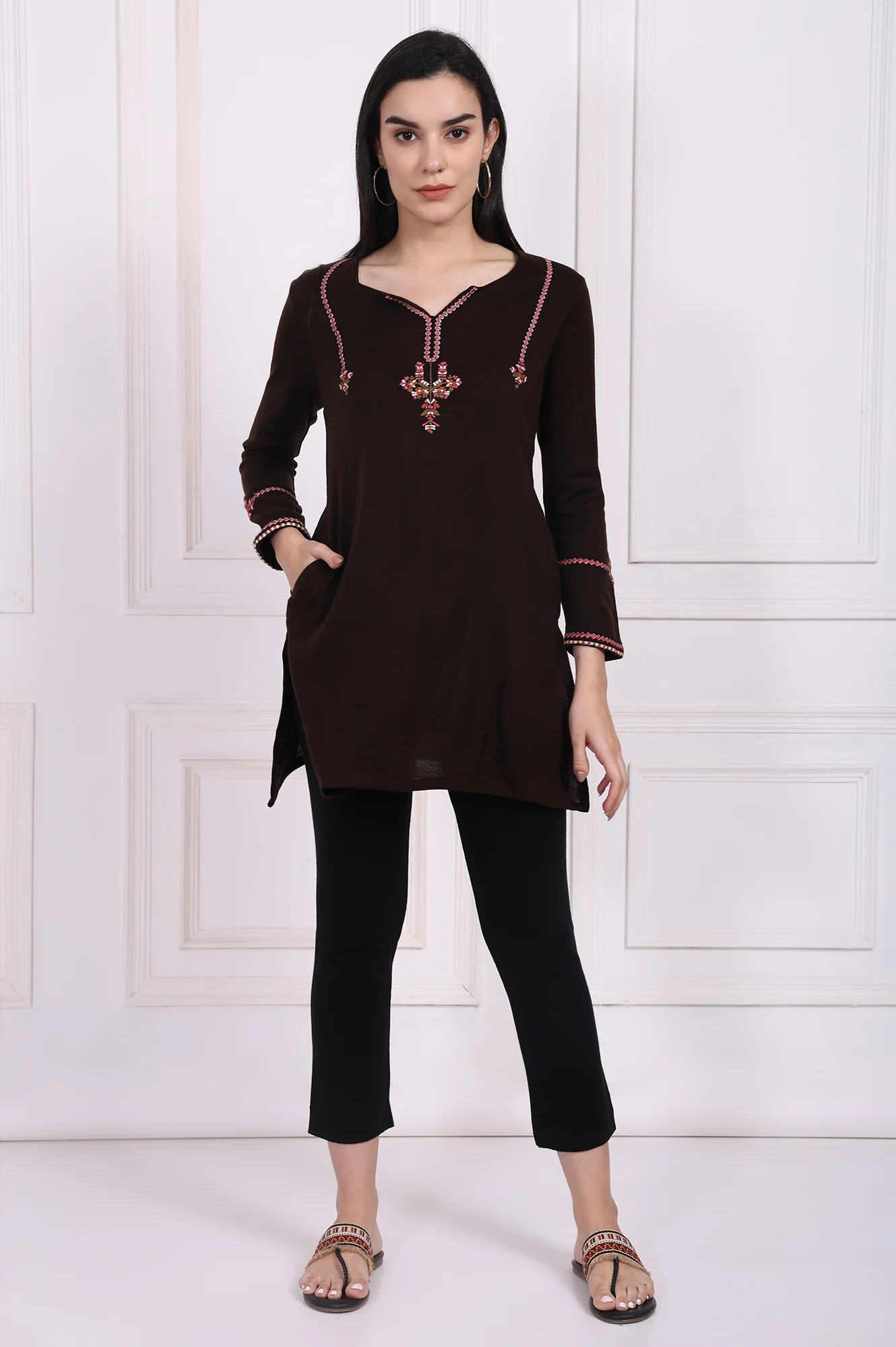Brown Embroidered Straight Acrylic Tunic - Image 2