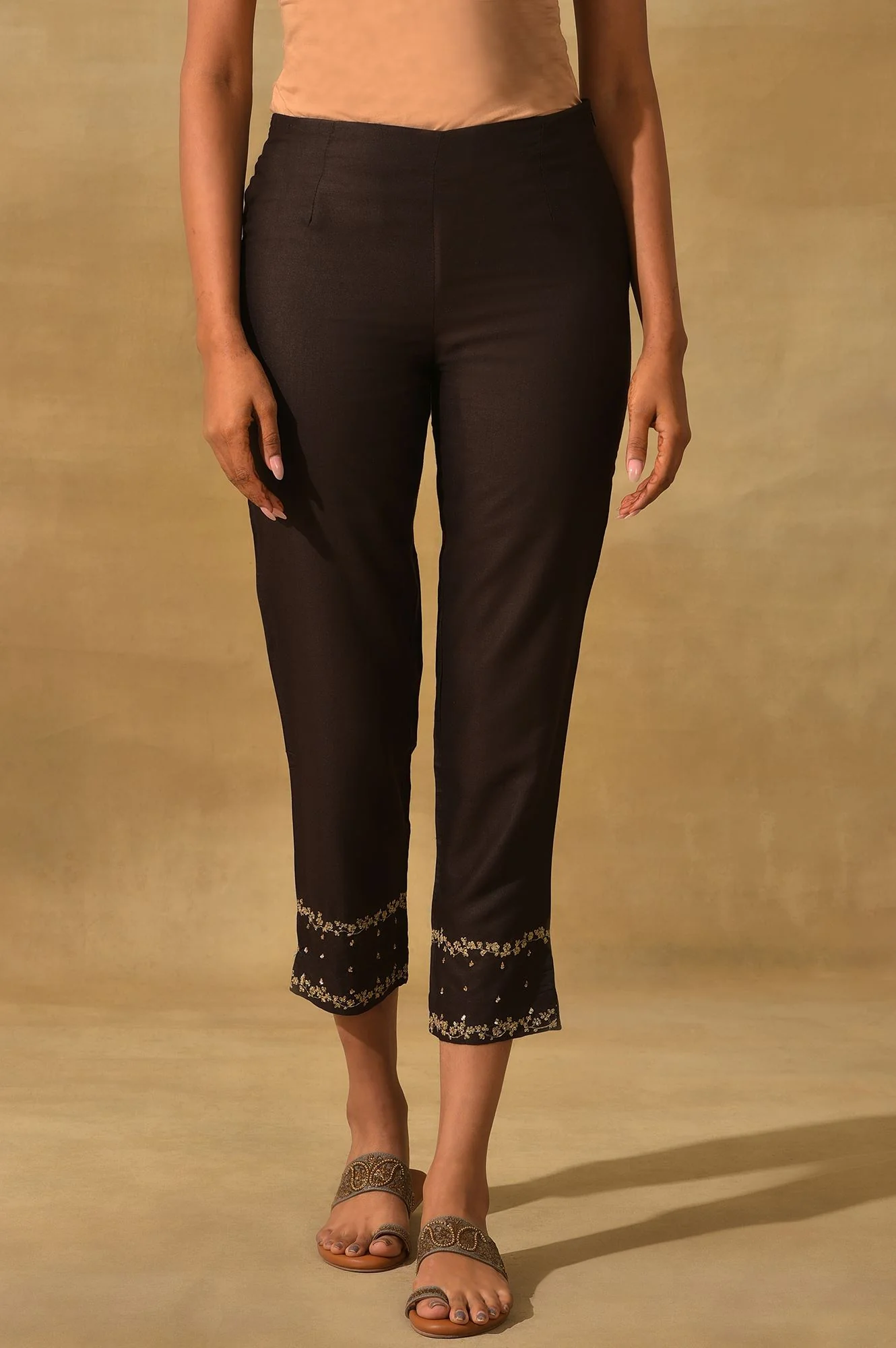 Brown Embroidered Viscose Silk Tussar Slim Pants - Image 2