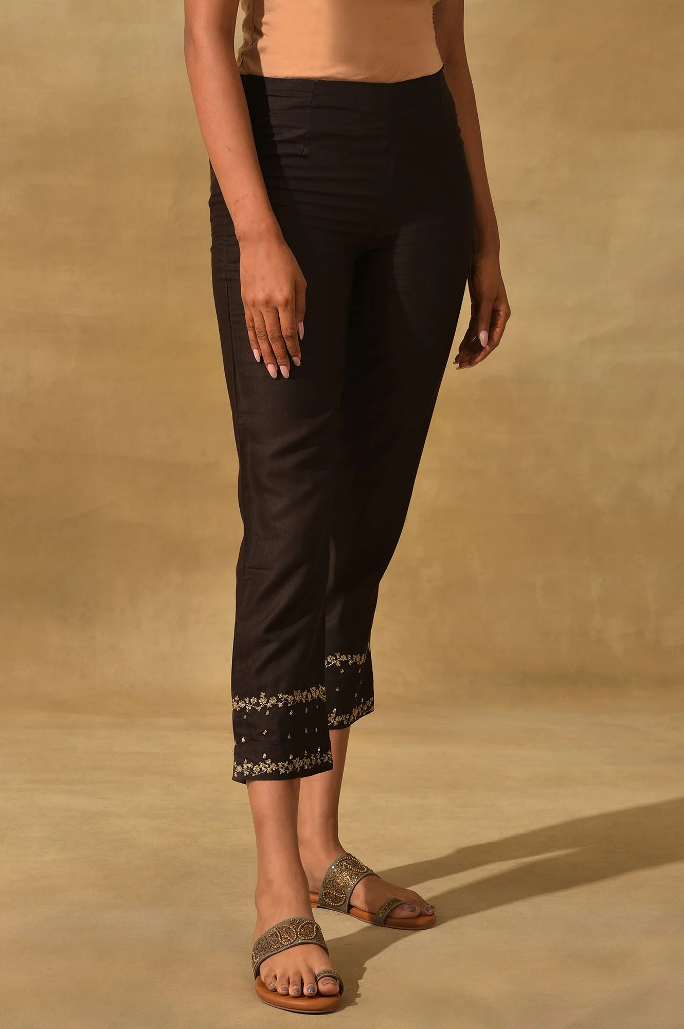 Brown Embroidered Viscose Silk Tussar Slim Pants - Image 5