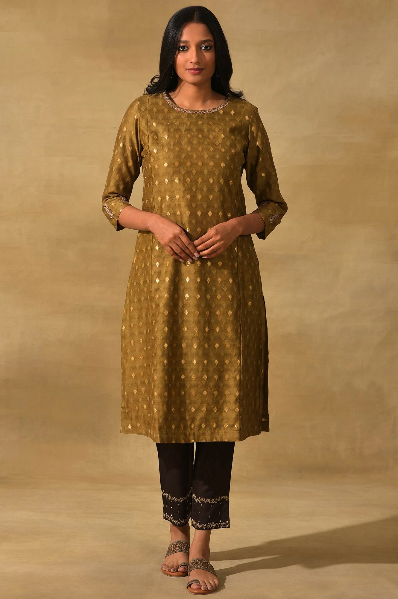 Brown Embroidered Viscose Silk Tussar Slim Pants - Image 6