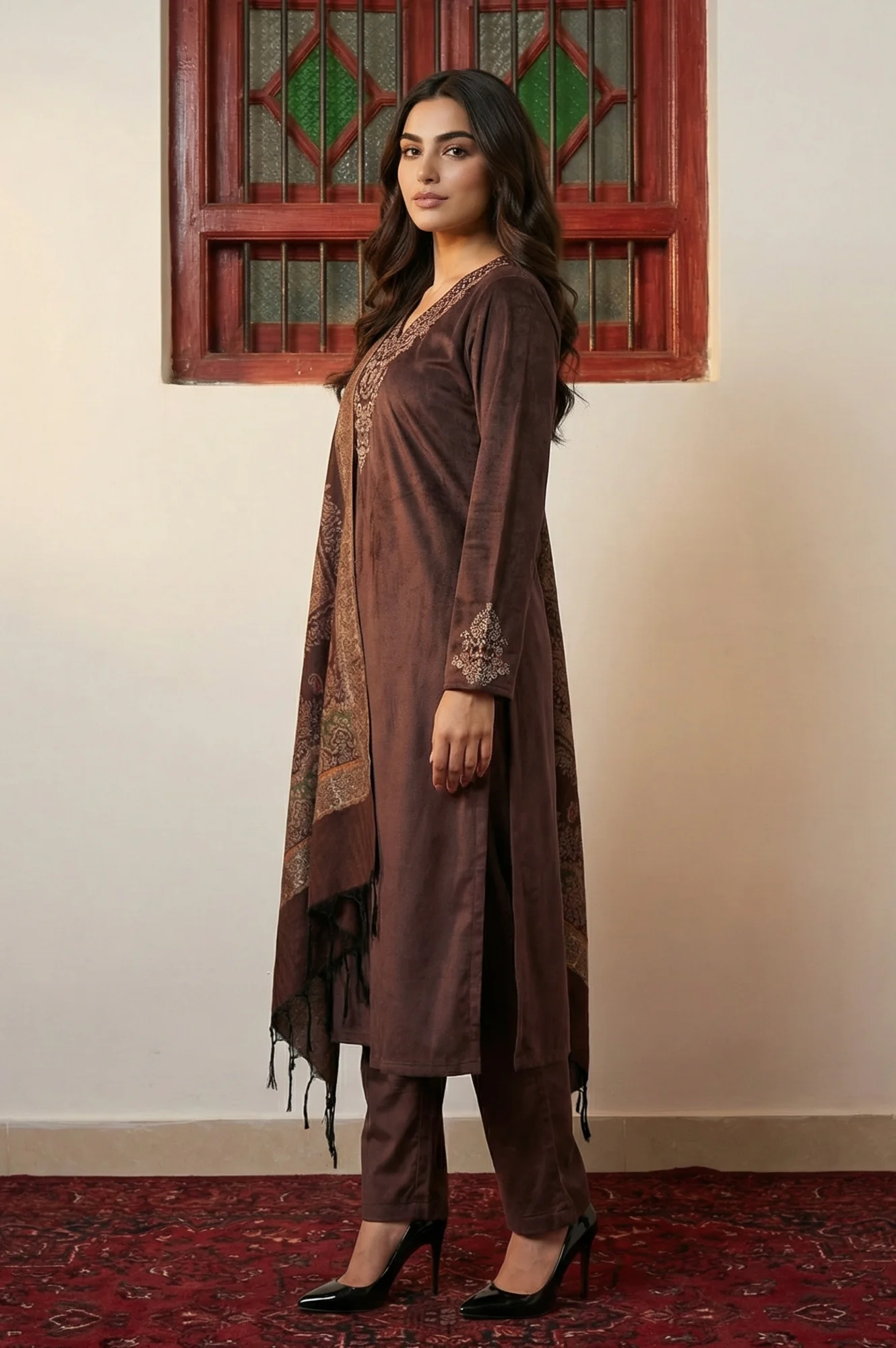 Brown Zari Embroidered Straight Velvet Kurta with Pants and Dupatta Set - Image 3