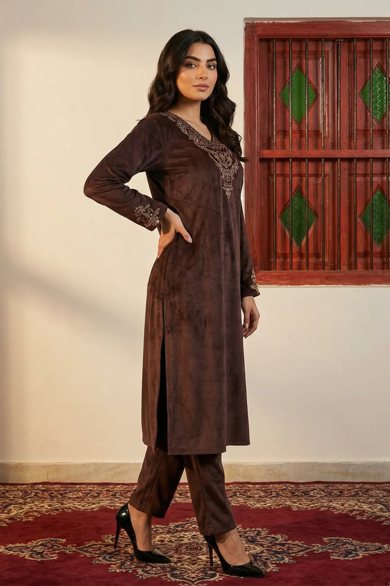 Brown Zari Embroidered Straight Velvet Kurta with Pants and Dupatta Set - Image 5