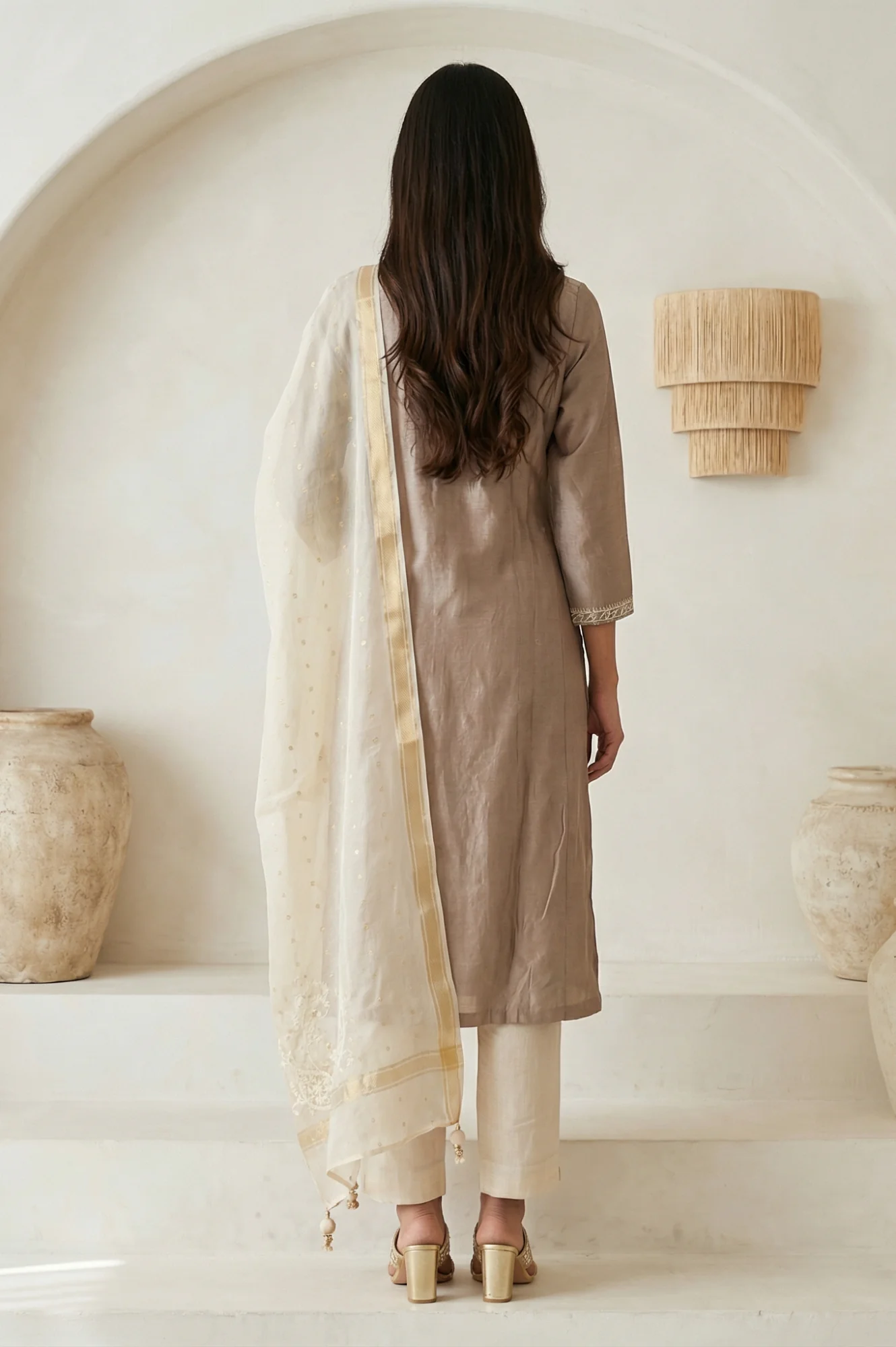Brown Embroidered Cotton Blend Straight Kurta with Pants and Dupatta Set - Image 4