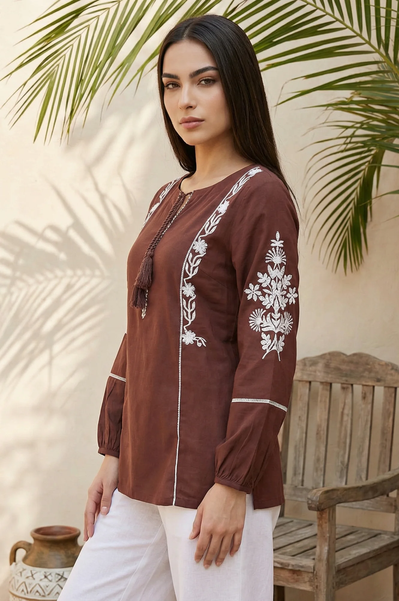 Brown Floral Embroidered Straight Top - Image 3