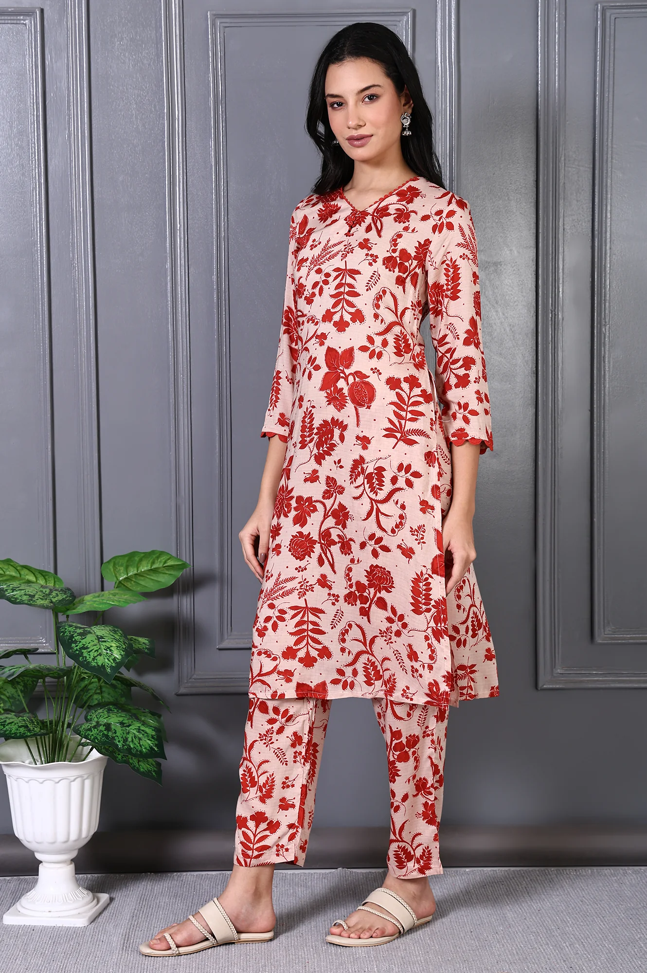 Brown Floral Printed Lace Modal A-line Kurta Set - Image 4