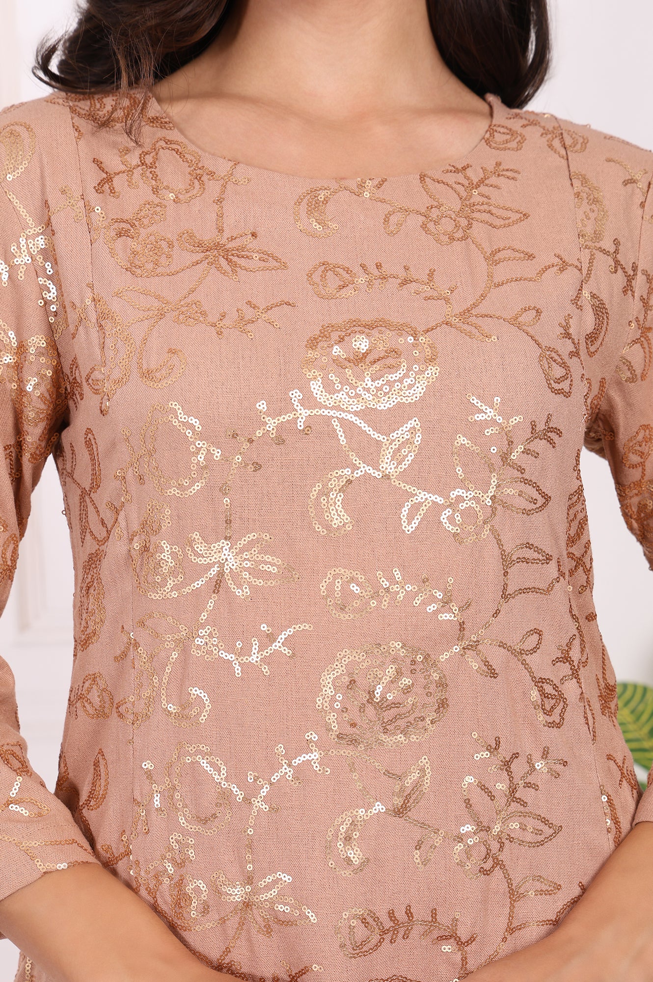 Brown Floral Printed Sequins Straight Rayon Kurta with Flared Pants Set - Image 3