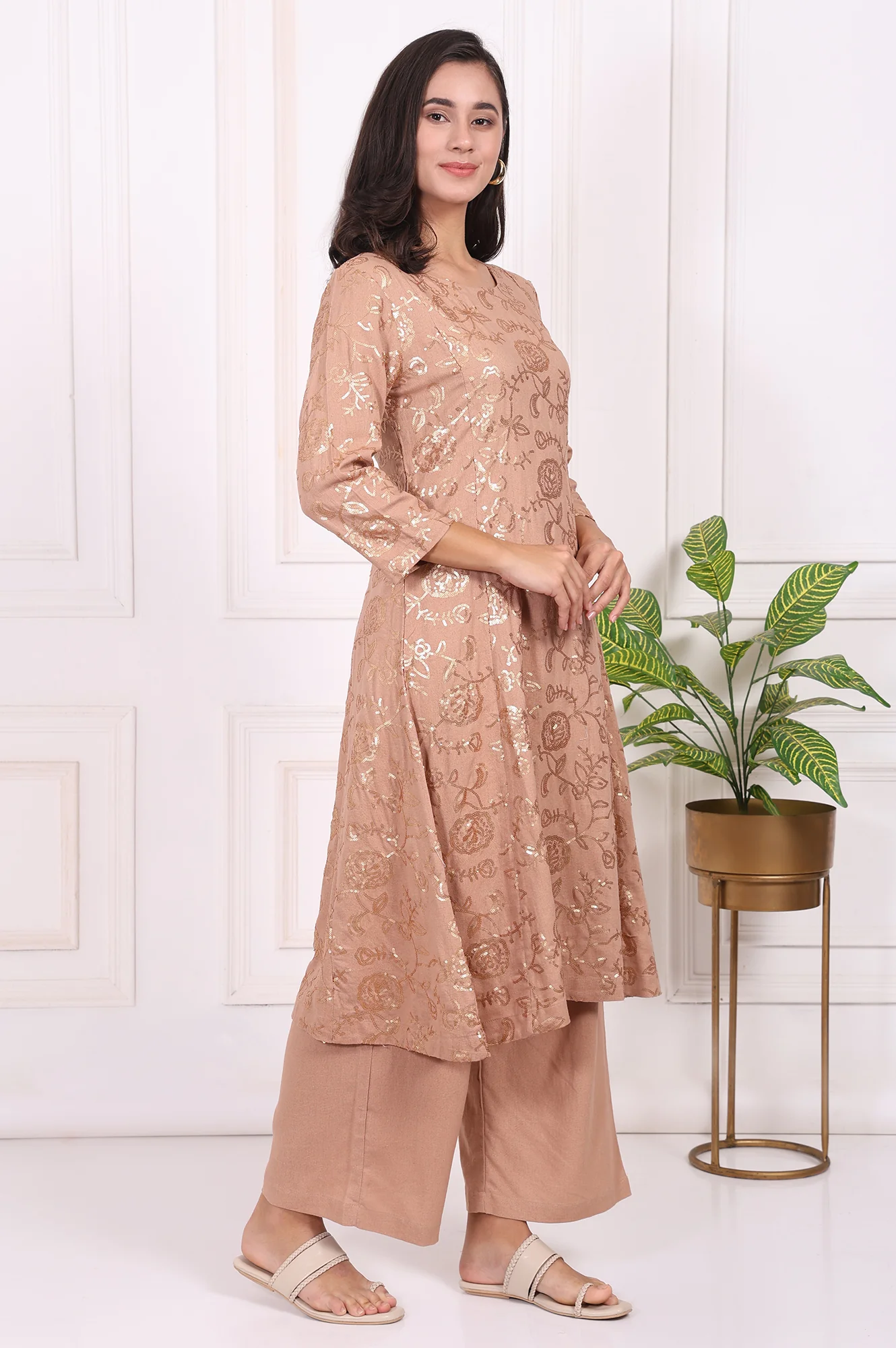 Brown Floral Printed Sequins Straight Rayon Kurta with Flared Pants Set - Image 6