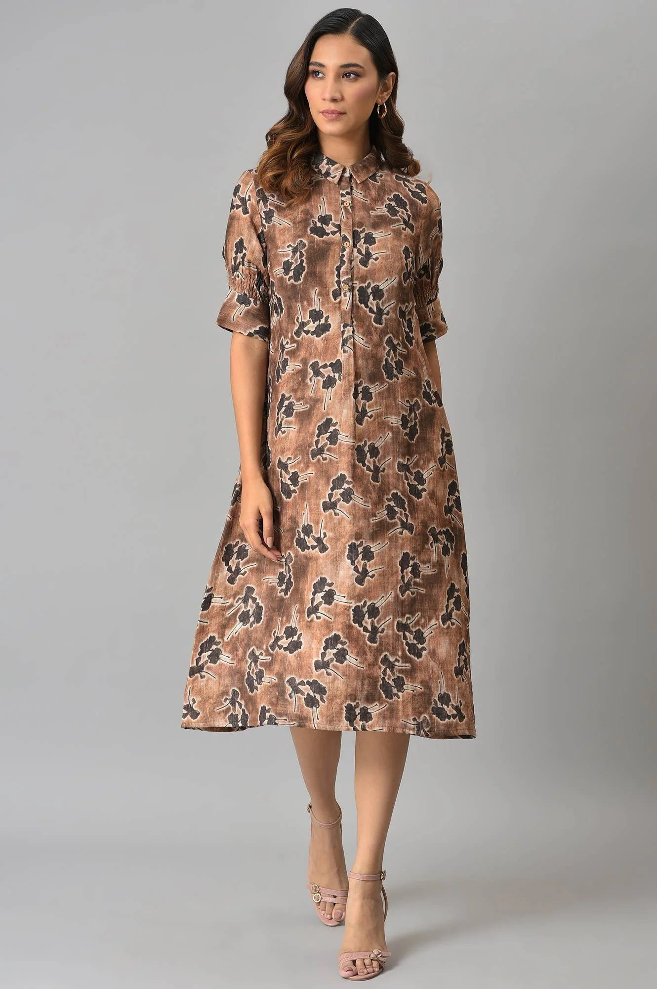 Brown Floral Printed Vaccy Dress - Image 5