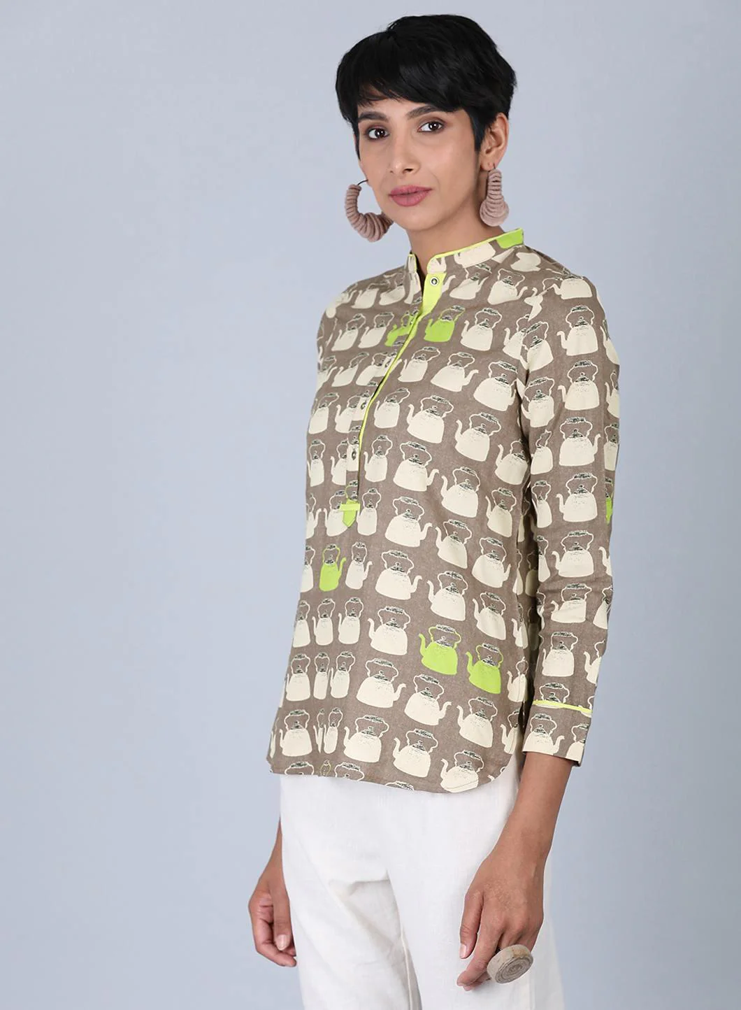 Brown Mandarin Neck Printed Top - Image 3