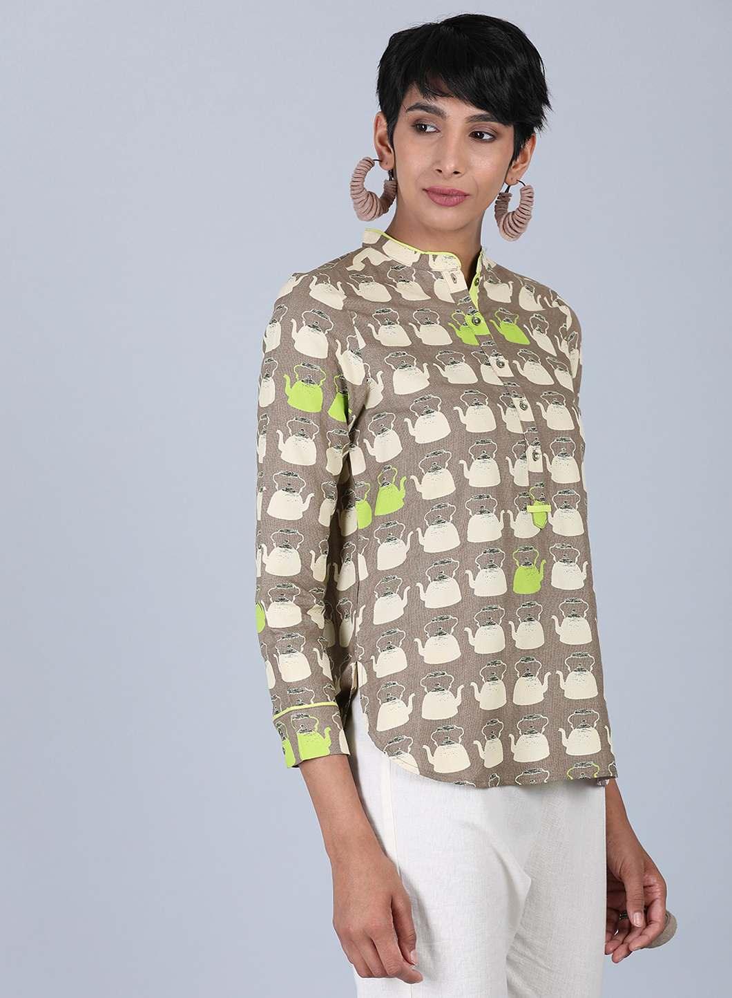 Brown Mandarin Neck Printed Top - Image 4