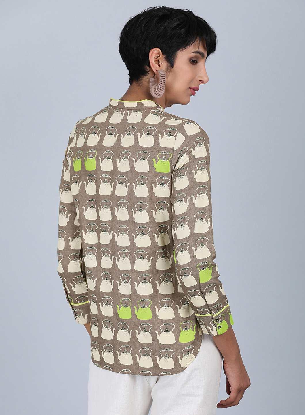 Brown Mandarin Neck Printed Top - Image 5