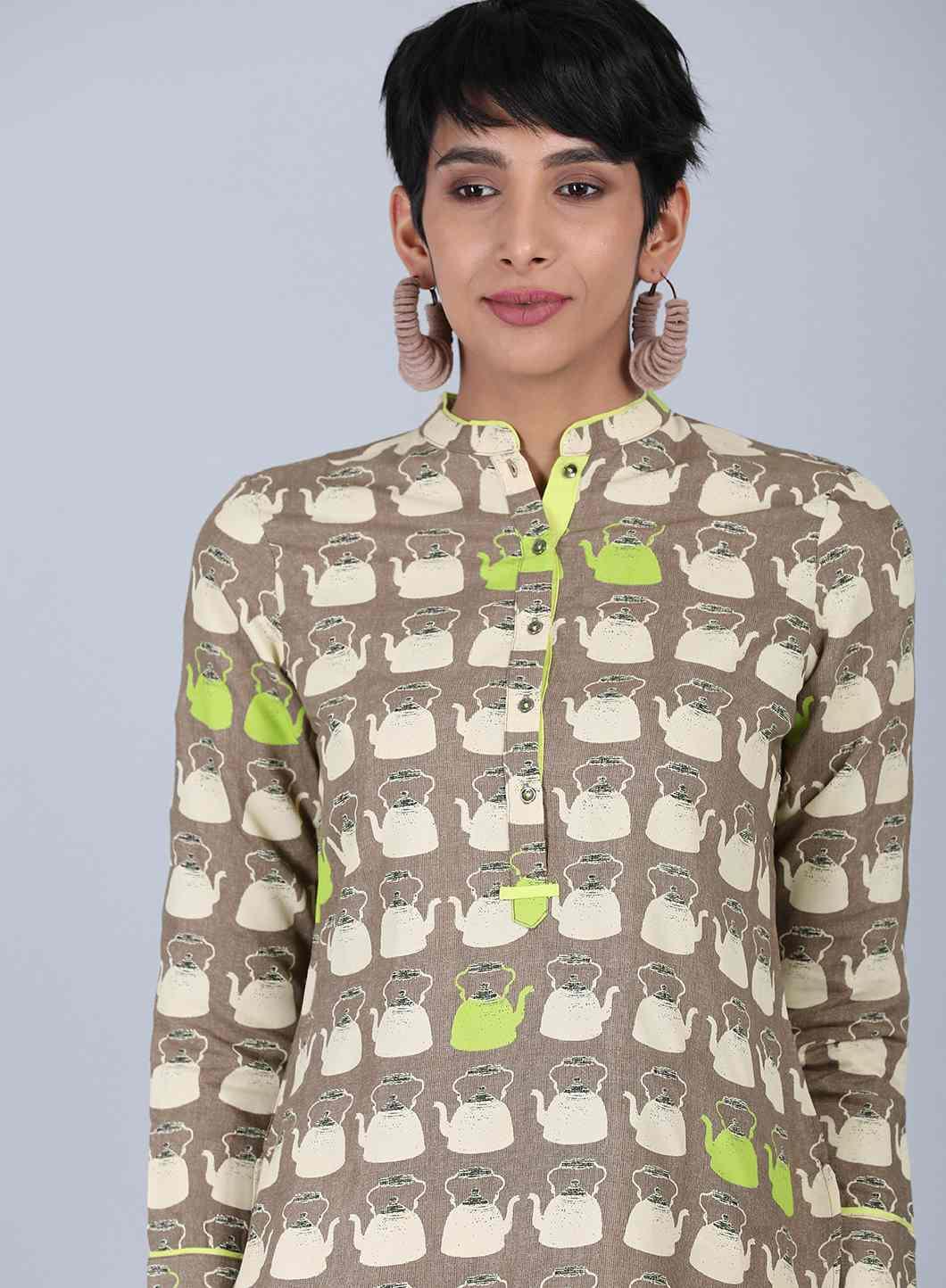 Brown Mandarin Neck Printed Top - Image 6
