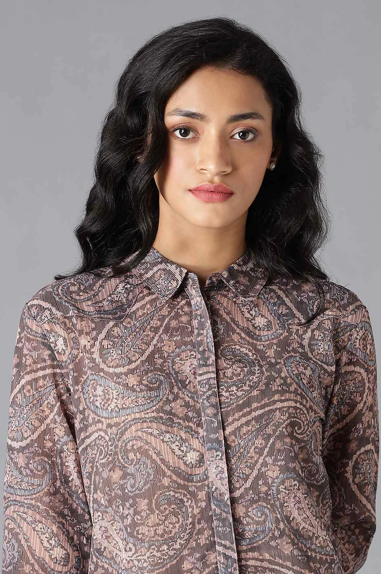 Brown Paisley Print Georgette Shirt - Image 6