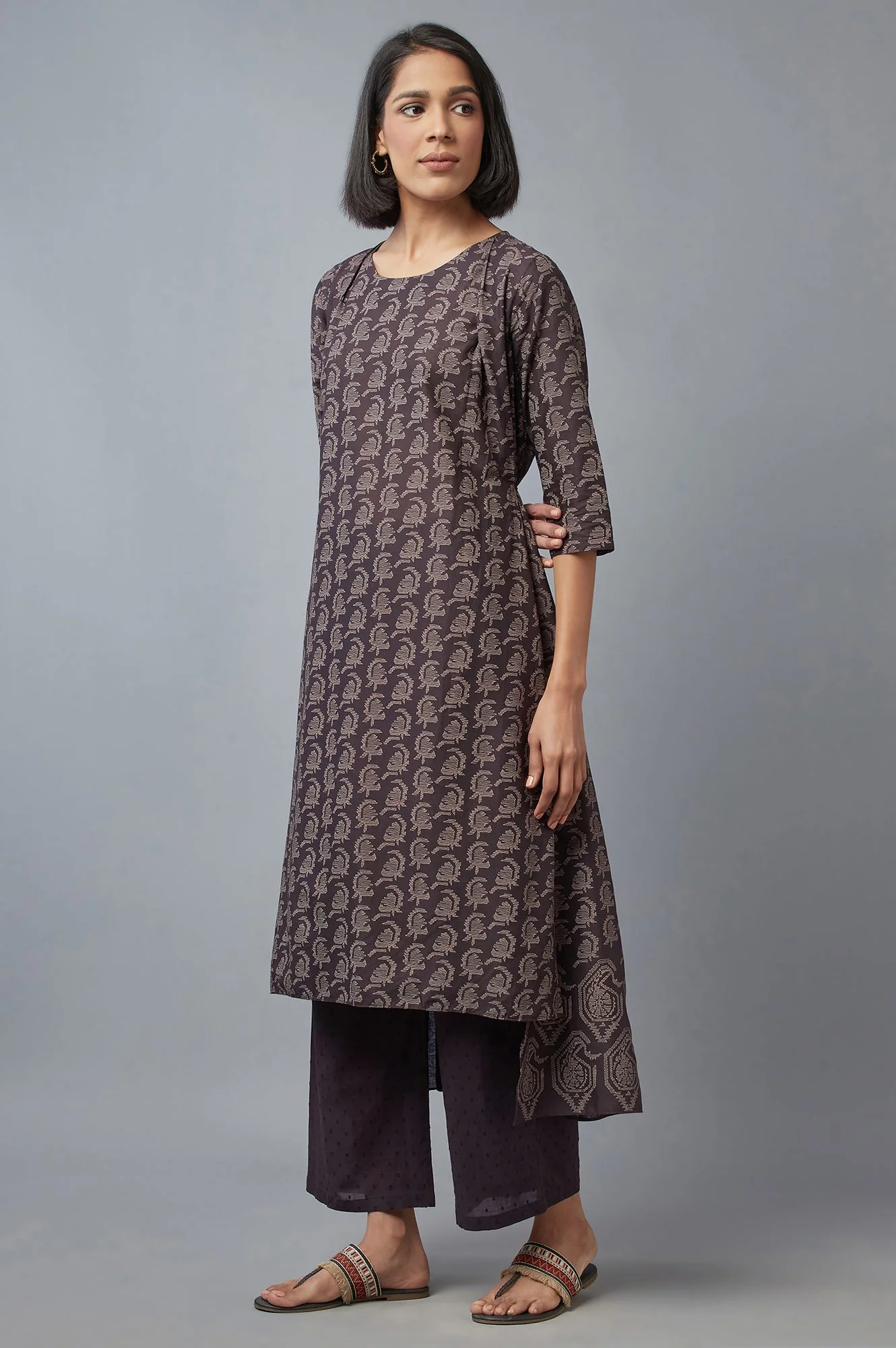 Brown Paisley Printed Pure Cotton Flared Kurta and Parallel Pants Set - Image 3