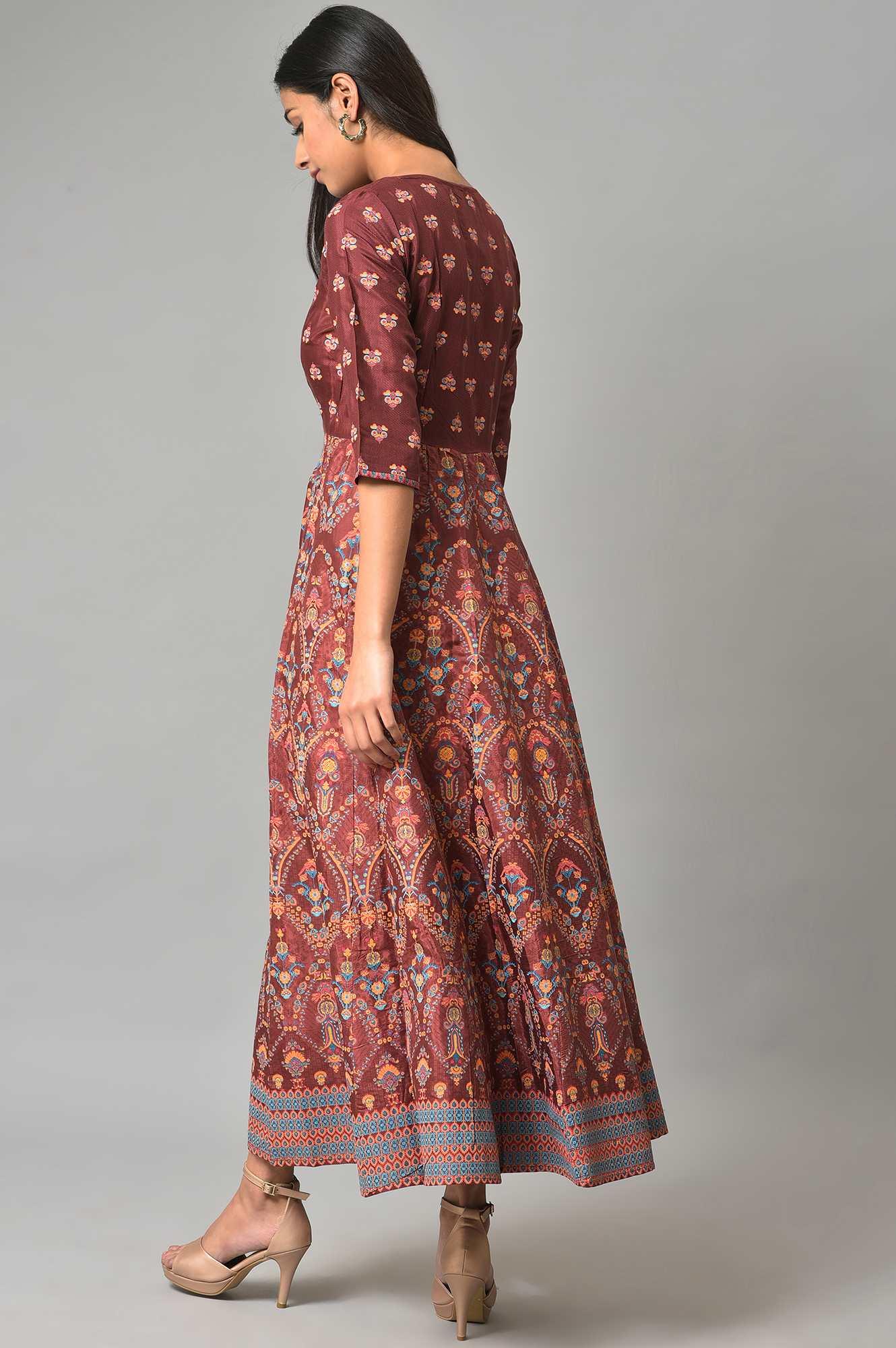 Brown Printed And Embroidered Panelled Festive Dress - Image 3