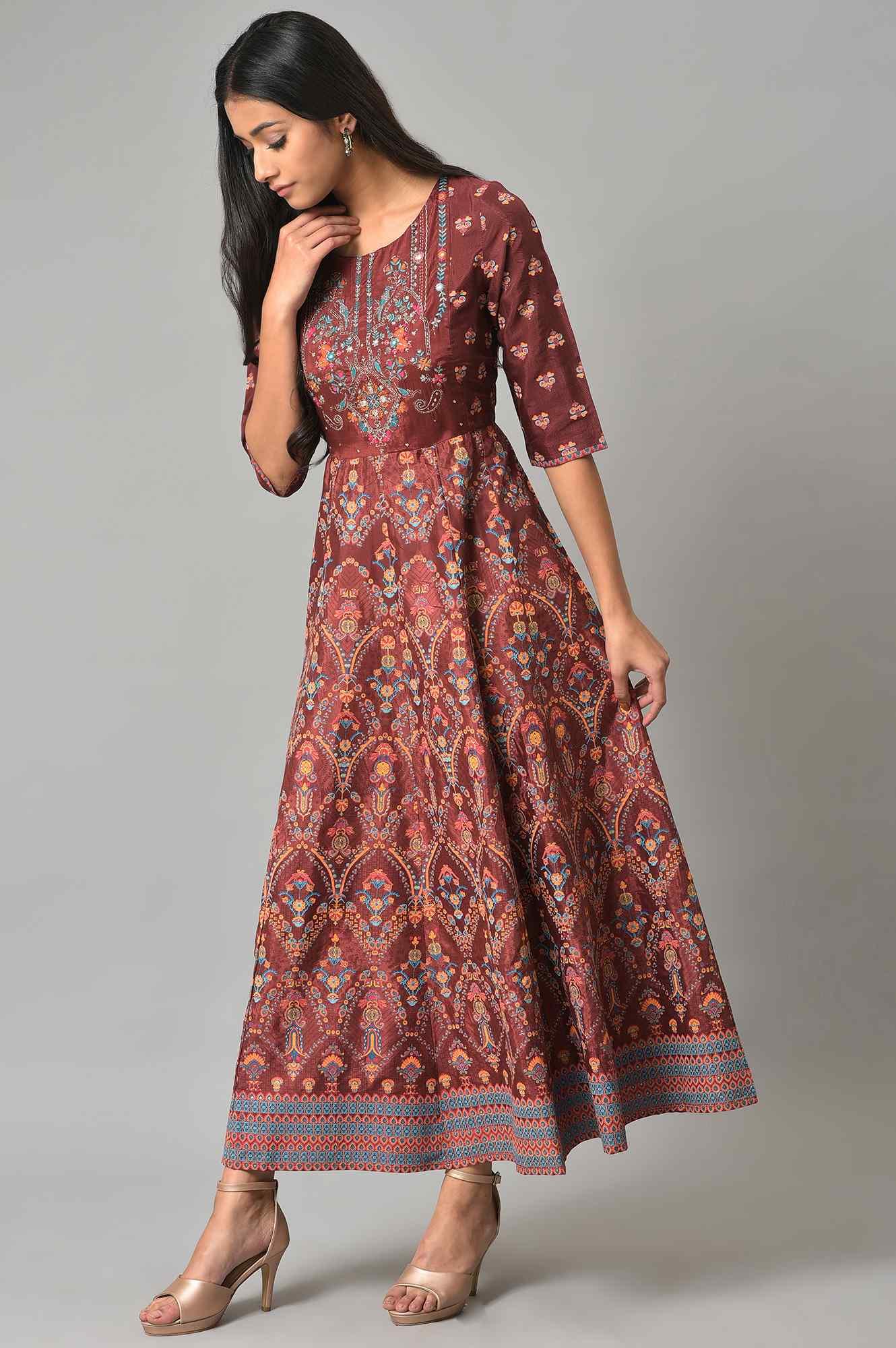 Brown Printed And Embroidered Panelled Festive Plus Size Dress - Image 3