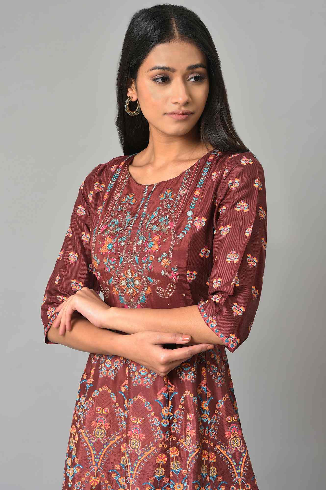 Brown Printed And Embroidered Panelled Festive Plus Size Dress - Image 5