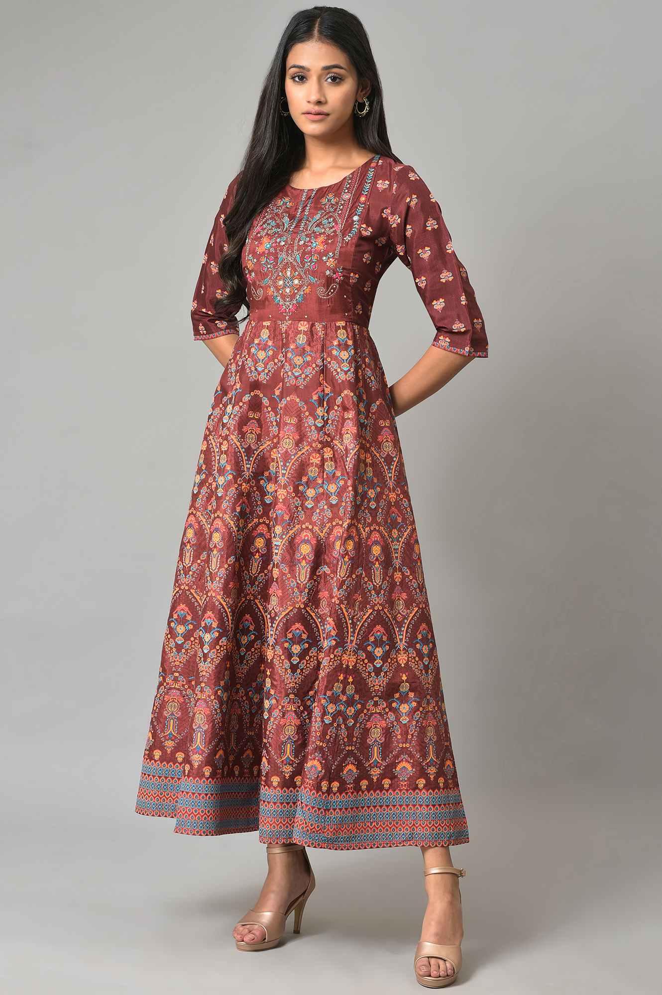 Brown Printed And Embroidered Panelled Festive Plus Size Dress - Image 6