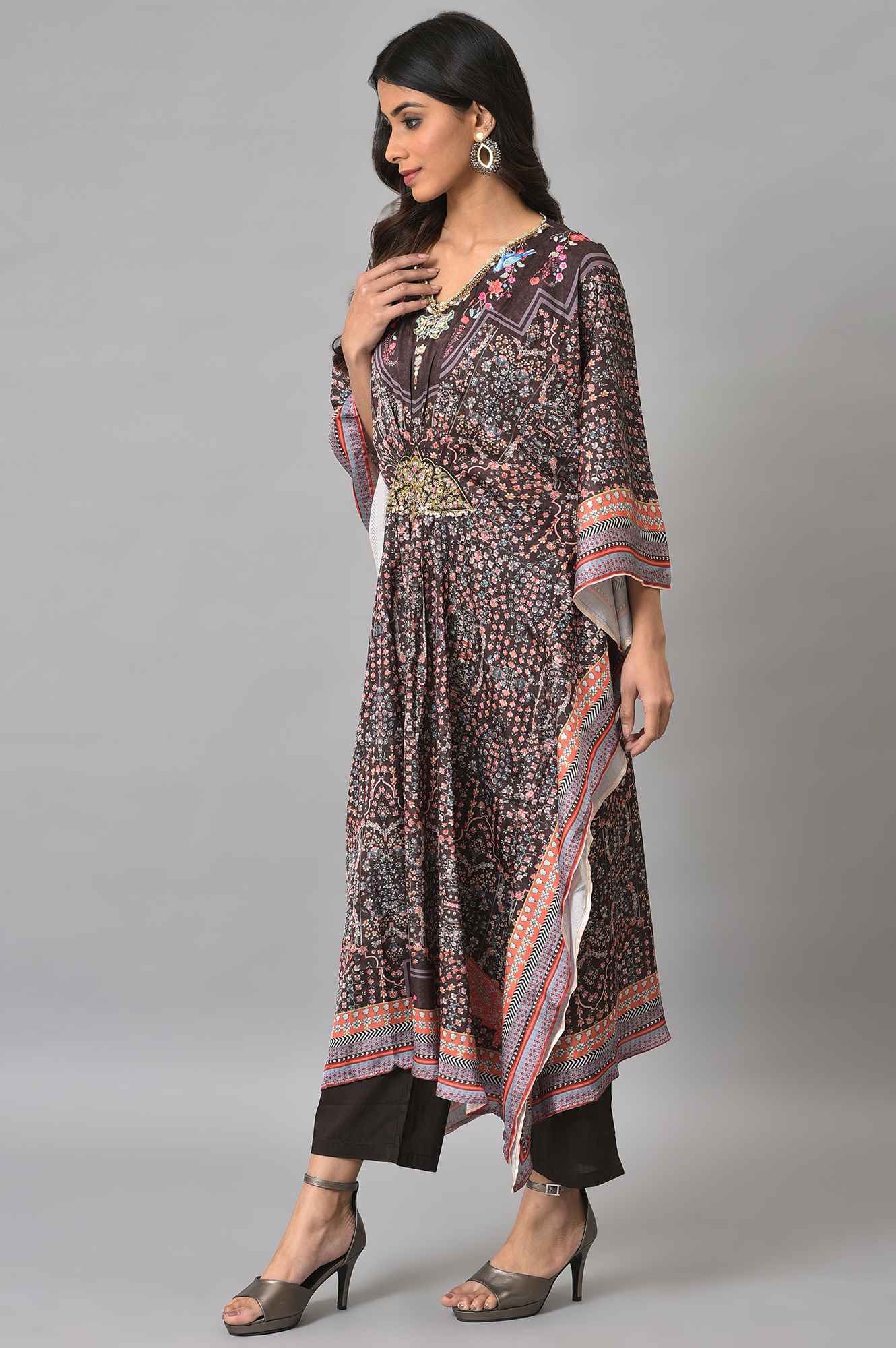 Brown Printed Kafta And Pants Set - Image 3