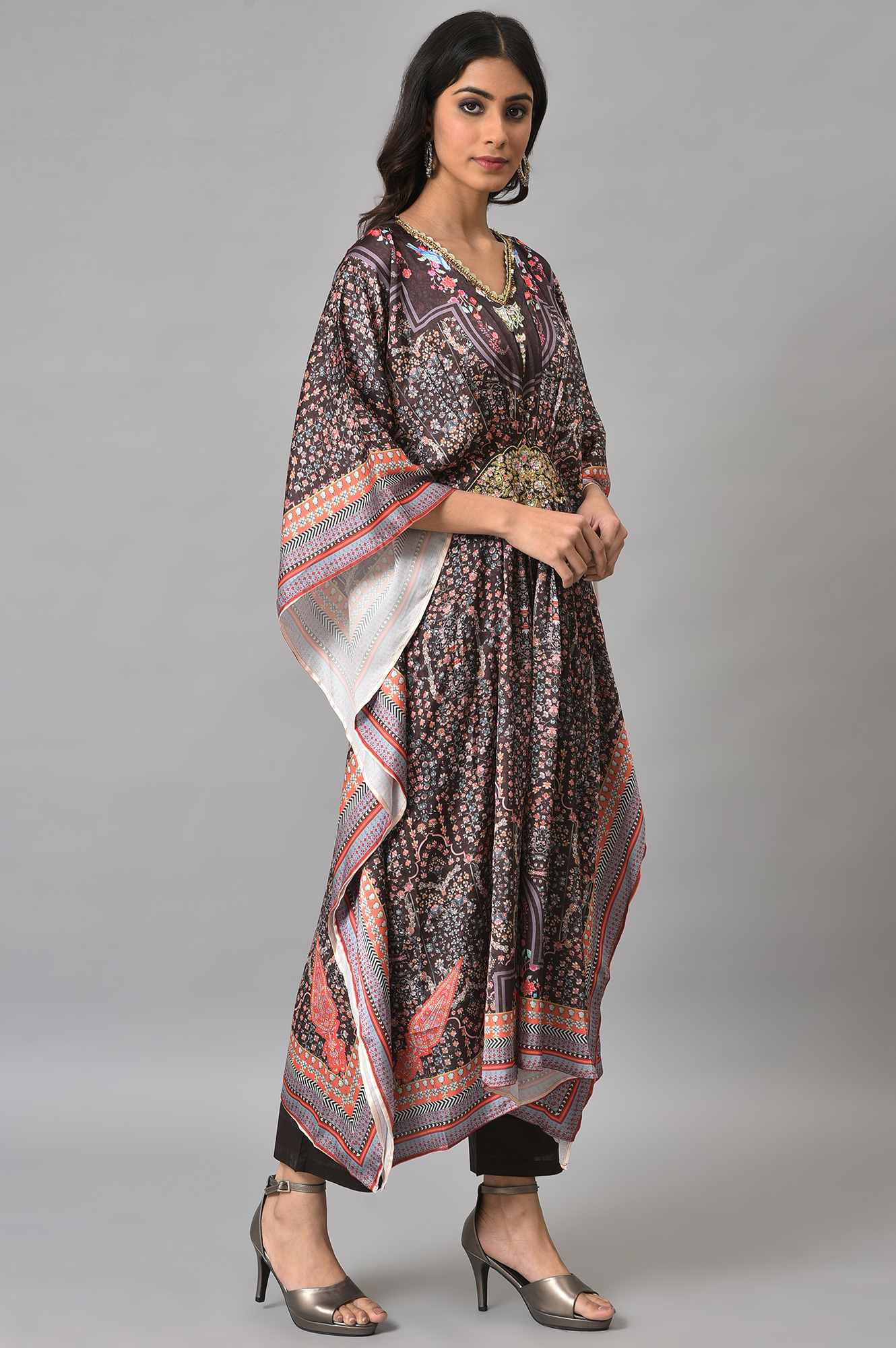 Brown Printed Kafta And Pants Set - Image 4