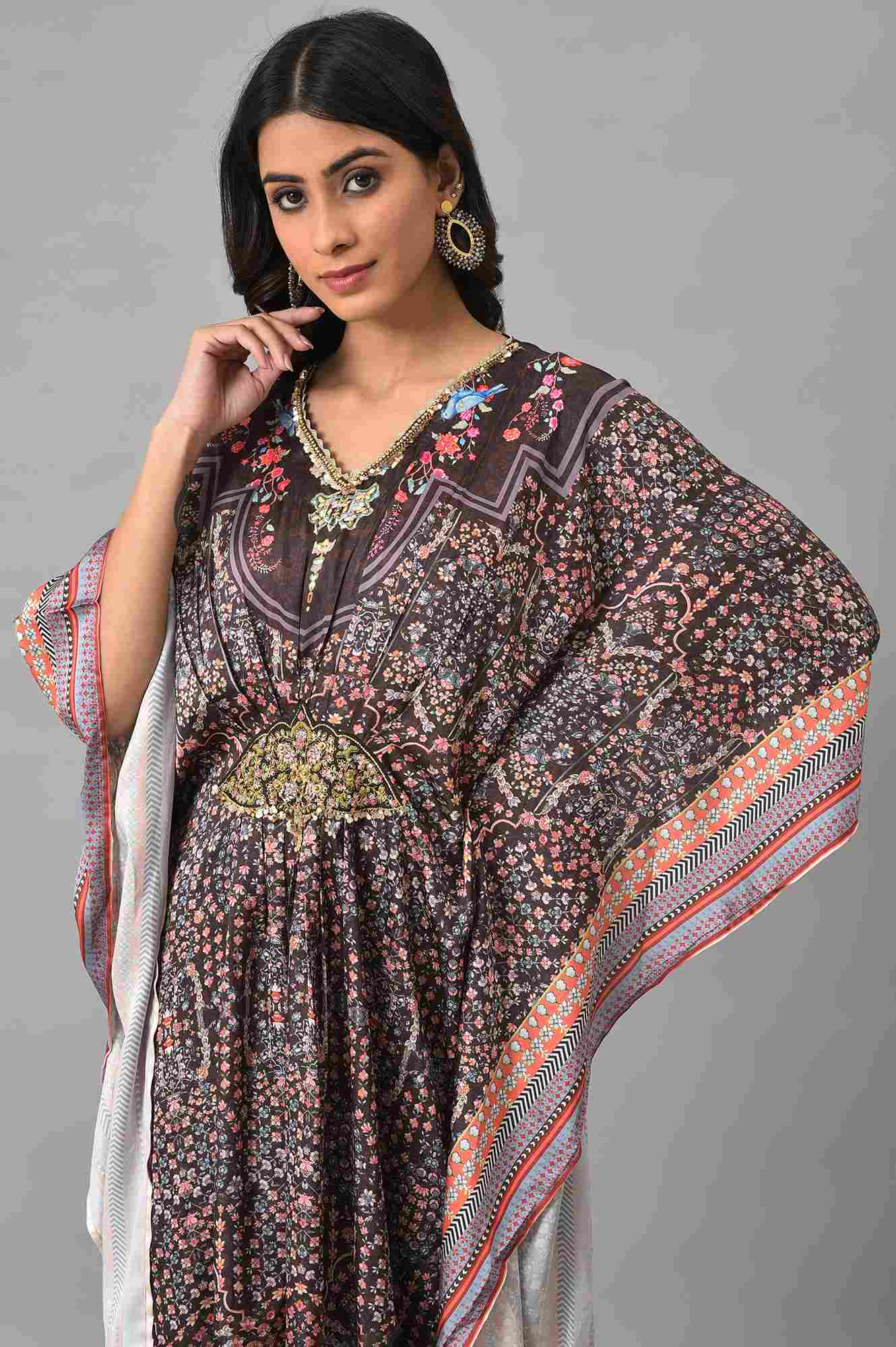 Brown Printed Kafta And Pants Set - Image 5