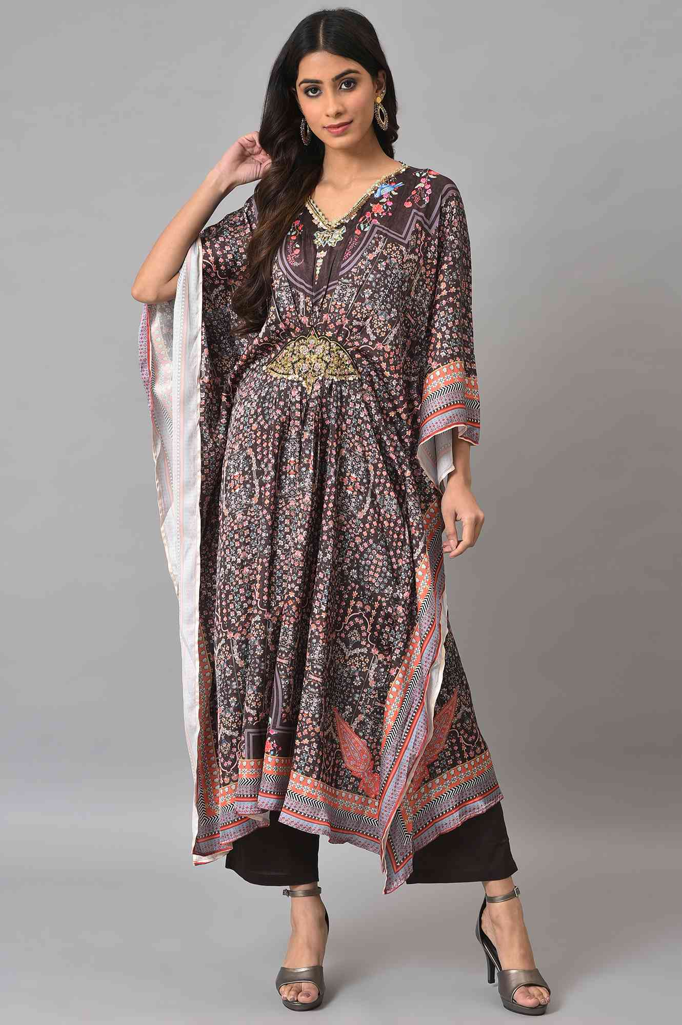 Brown Printed Kafta And Pants Set - Image 8